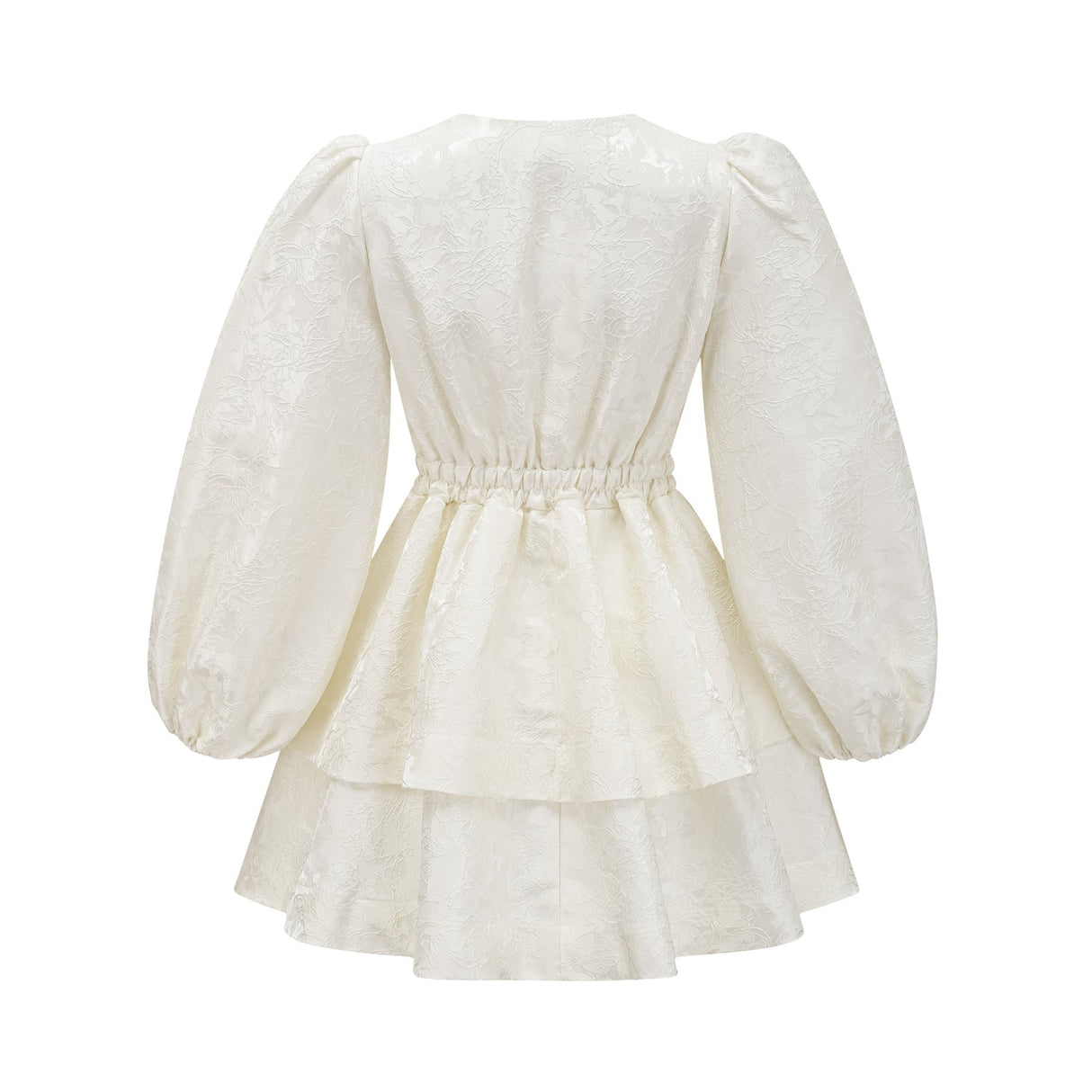 Giada Mini Dress - V Neck - Tiered Design - Elasticated Cuffs - Jacquard Pattern - Flared Skirt