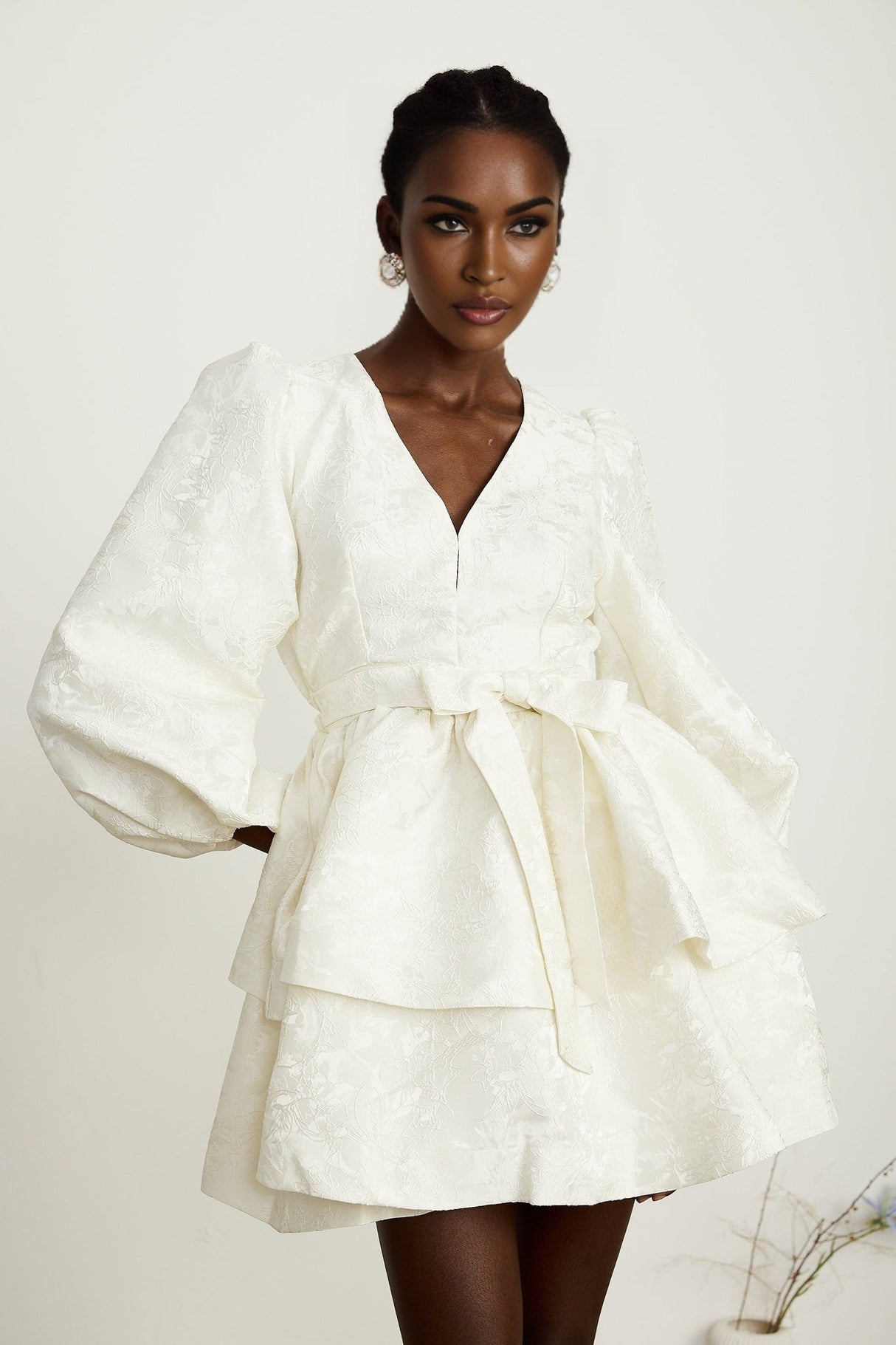 Giada Mini Dress - V Neck - Tiered Design - Elasticated Cuffs - Jacquard Pattern - Flared Skirt