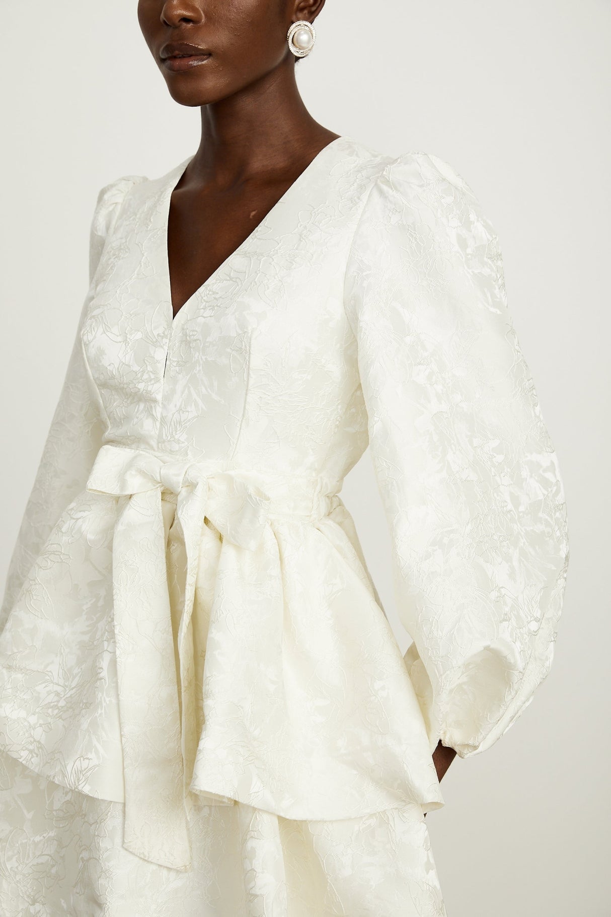 Giada Mini Dress - V Neck - Tiered Design - Elasticated Cuffs - Jacquard Pattern - Flared Skirt