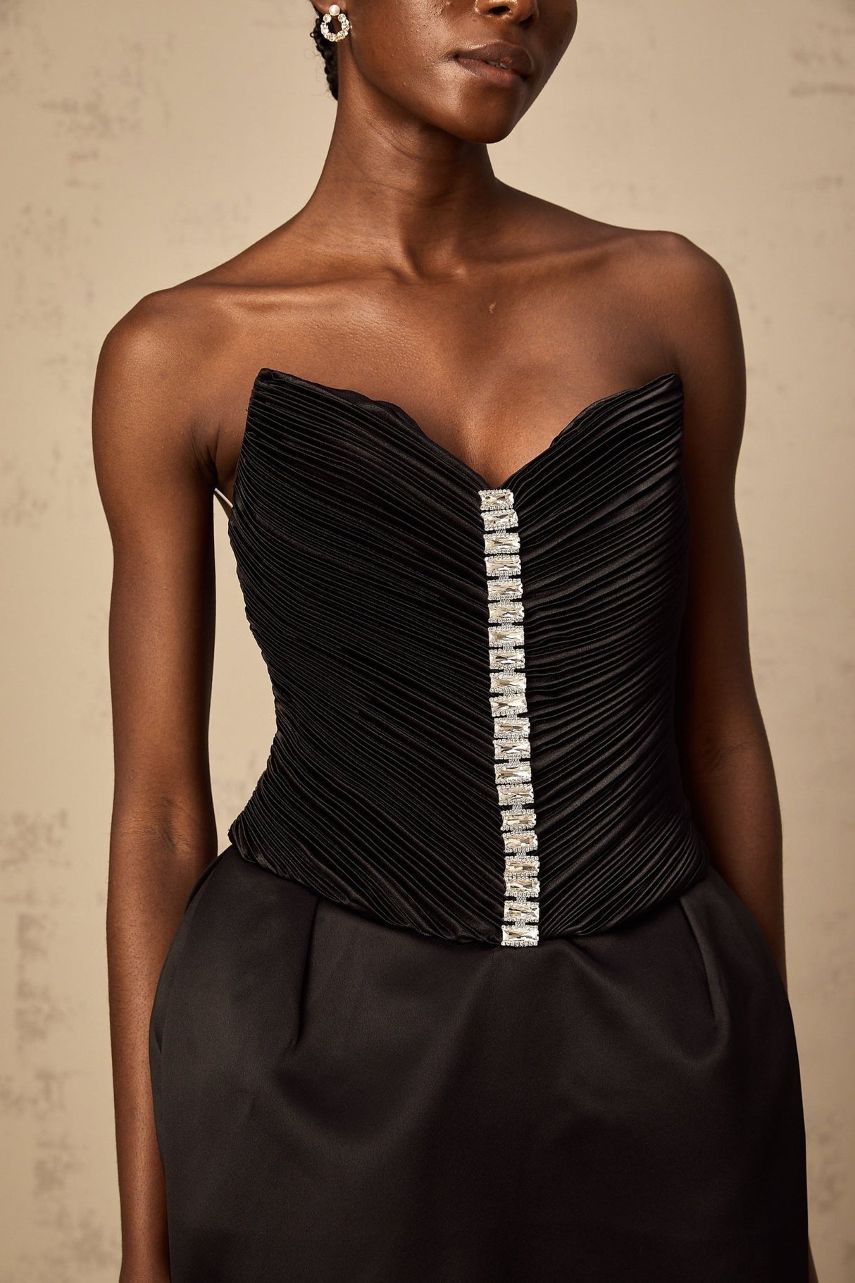 Giana Mini Dress - Off the Shoulder V - Neck Crystal Embellished Ruched Bodycon