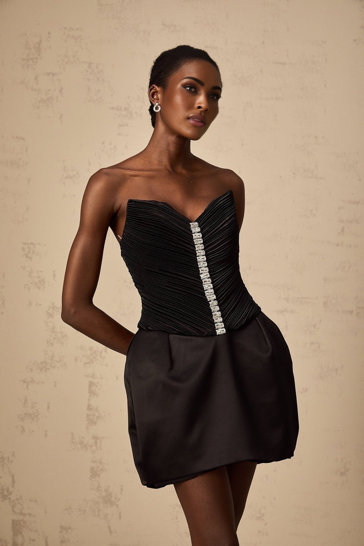 Giana Mini Dress - Off the Shoulder V - Neck Crystal Embellished Ruched Bodycon