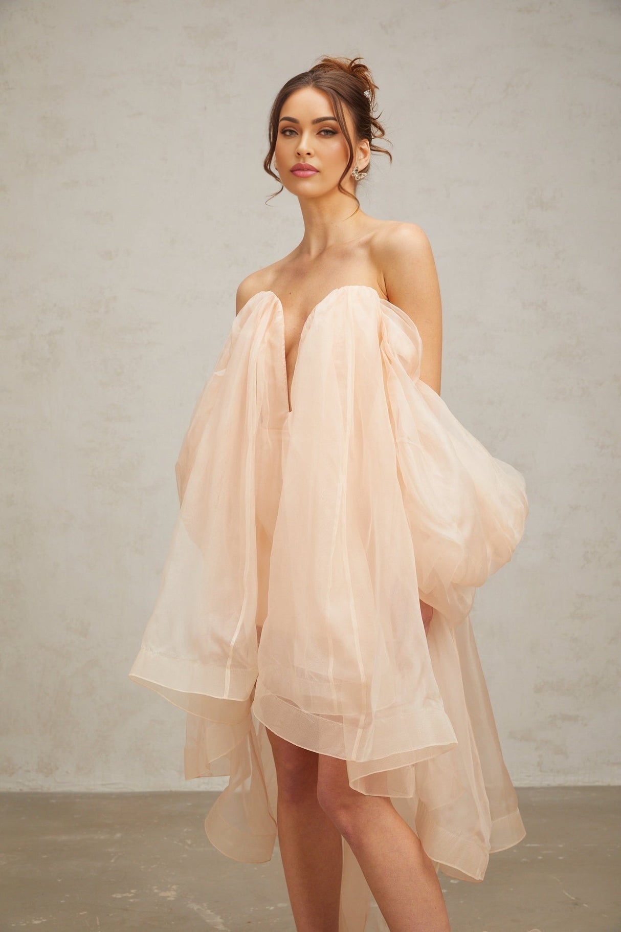 Giana Mini Dress - Strapless Boned Bodice V Neck Ruffled Voluminous Skirt Bow Embellishment