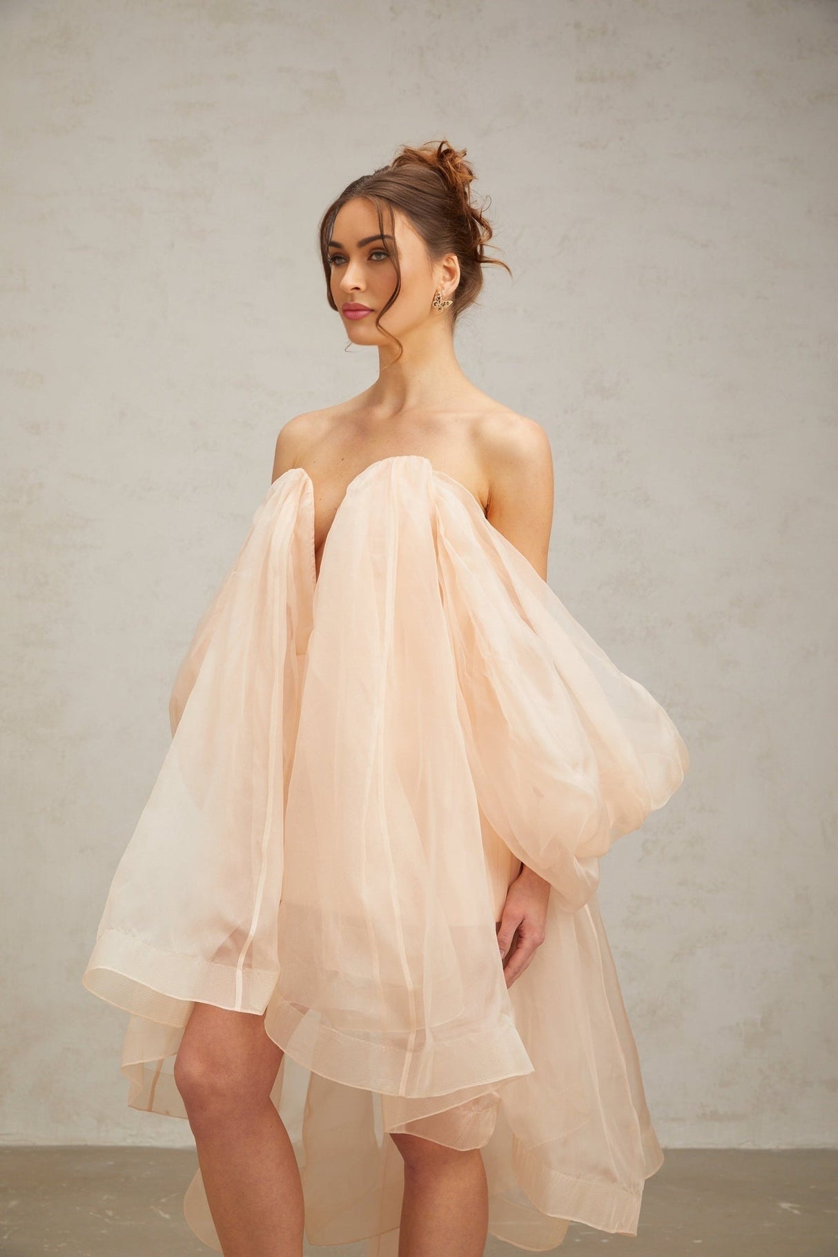 Giana Mini Dress - Strapless Boned Bodice V Neck Ruffled Voluminous Skirt Bow Embellishment