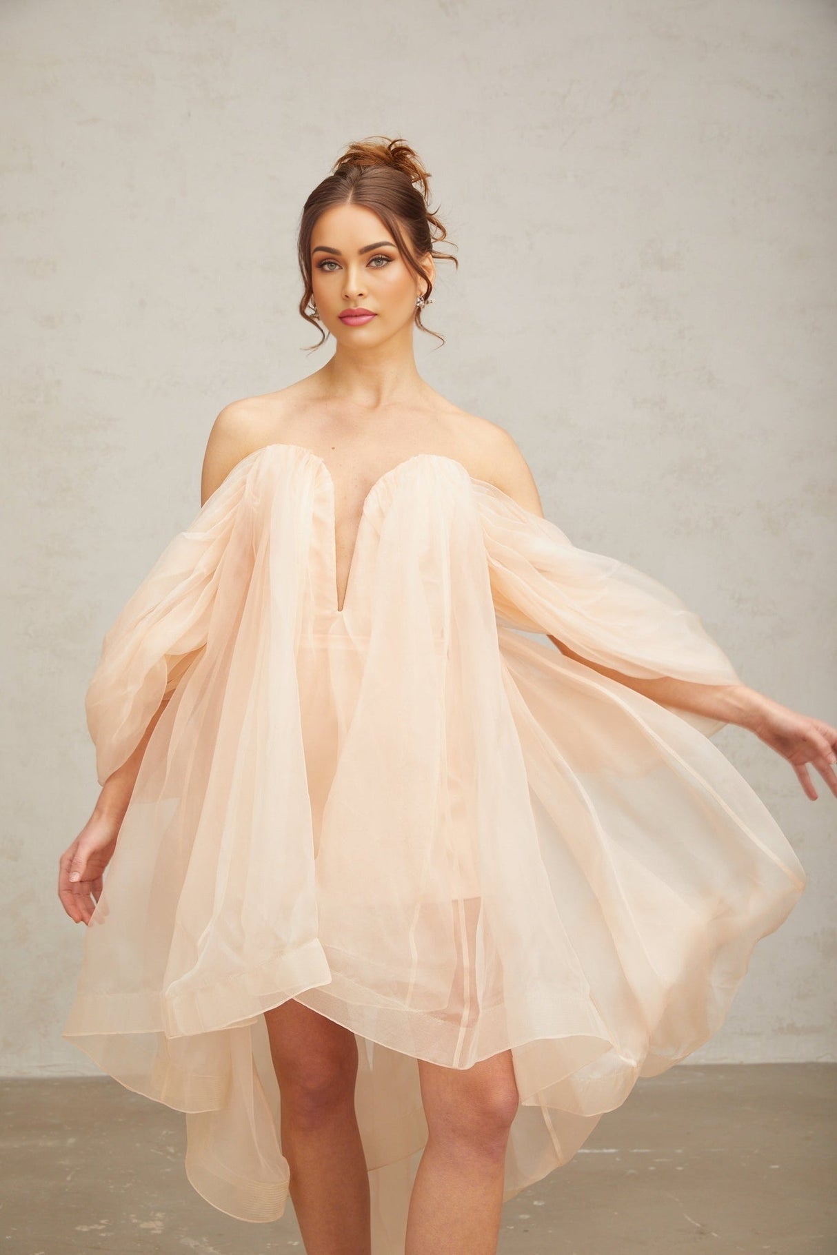 Giana Mini Dress - Strapless Boned Bodice V Neck Ruffled Voluminous Skirt Bow Embellishment