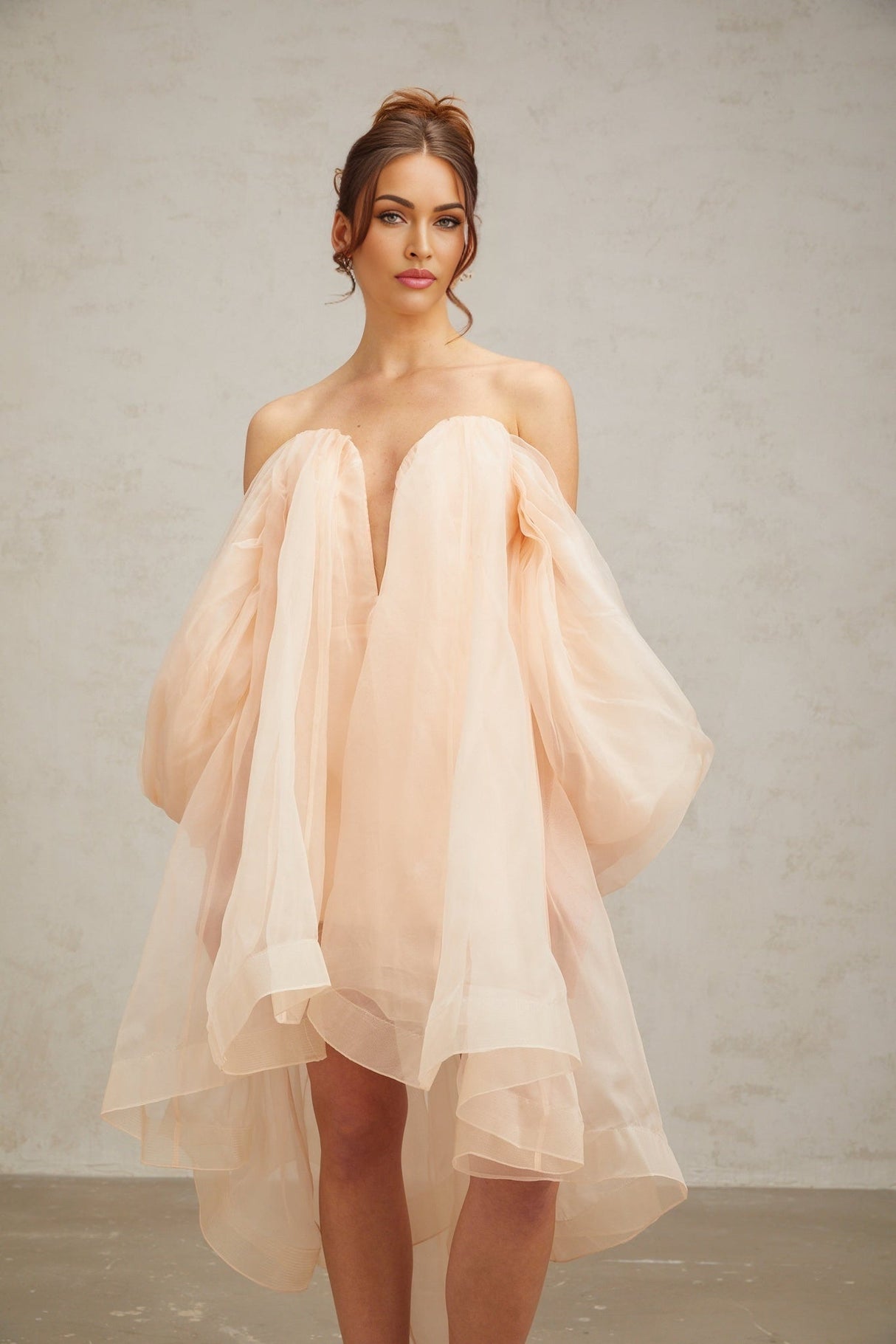 Giana Mini Dress - Strapless Boned Bodice V Neck Ruffled Voluminous Skirt Bow Embellishment