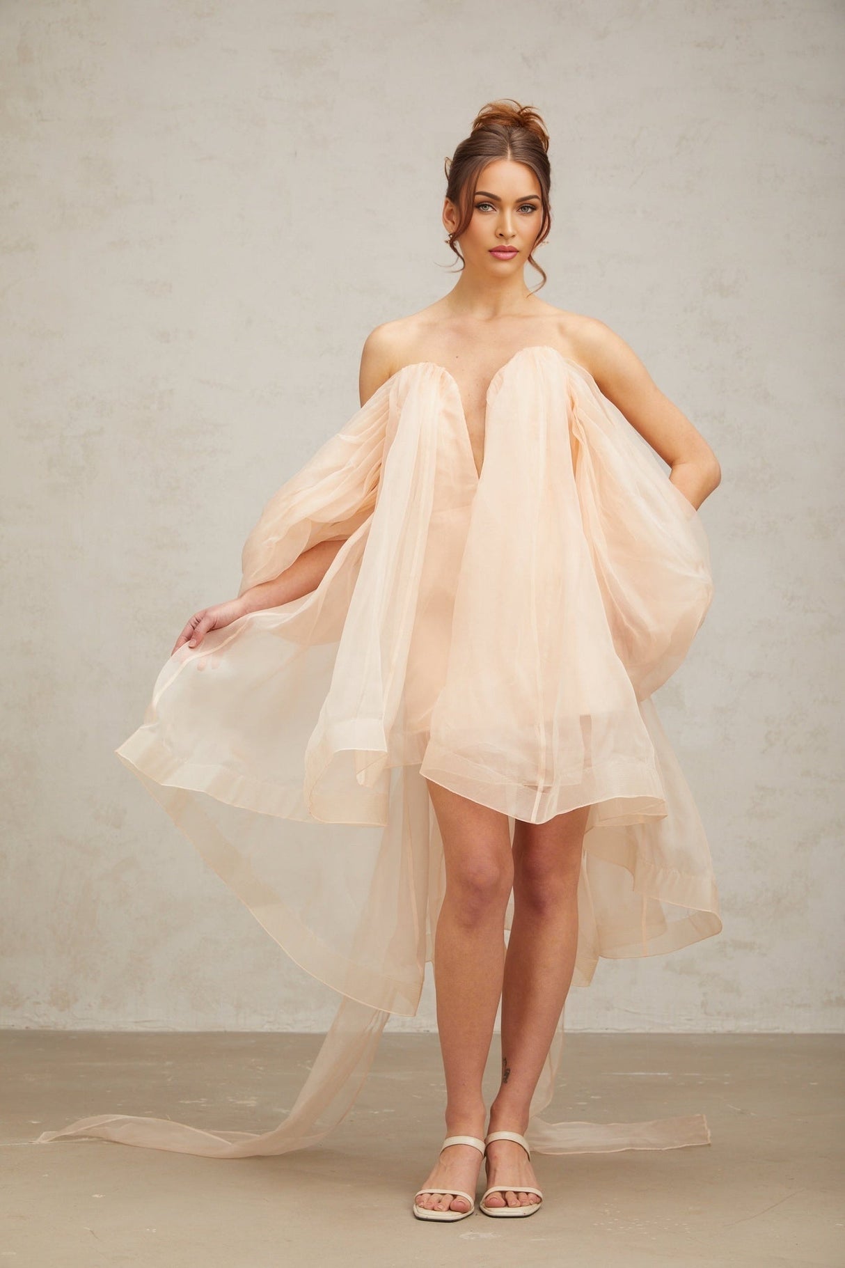 Giana Mini Dress - Strapless Boned Bodice V Neck Ruffled Voluminous Skirt Bow Embellishment