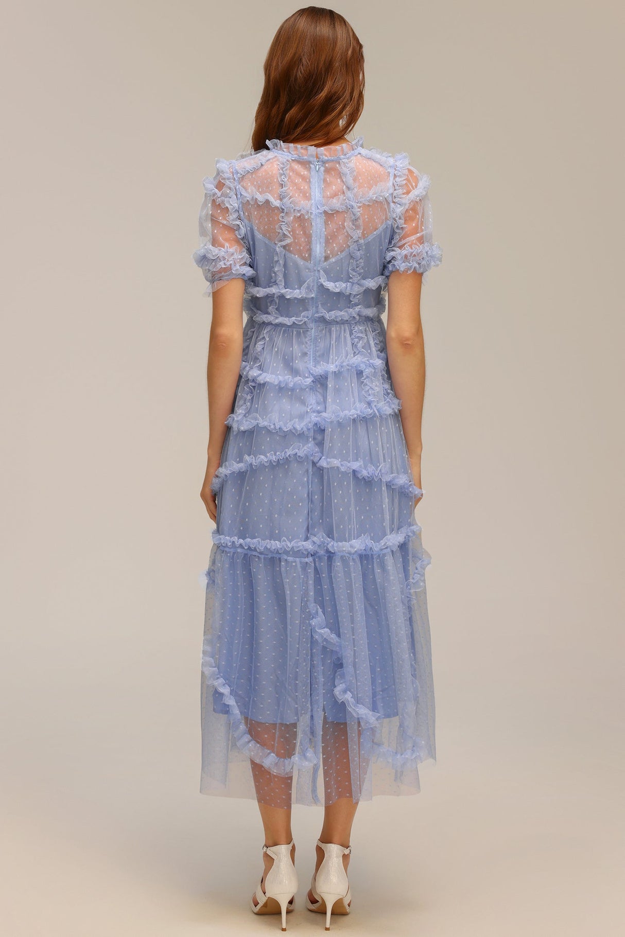 Gianna Blue Polka Dot Maxi Dress with Ruffled Tiers Short Sleeves and Unique Neckline for Weddings and Garden Parties