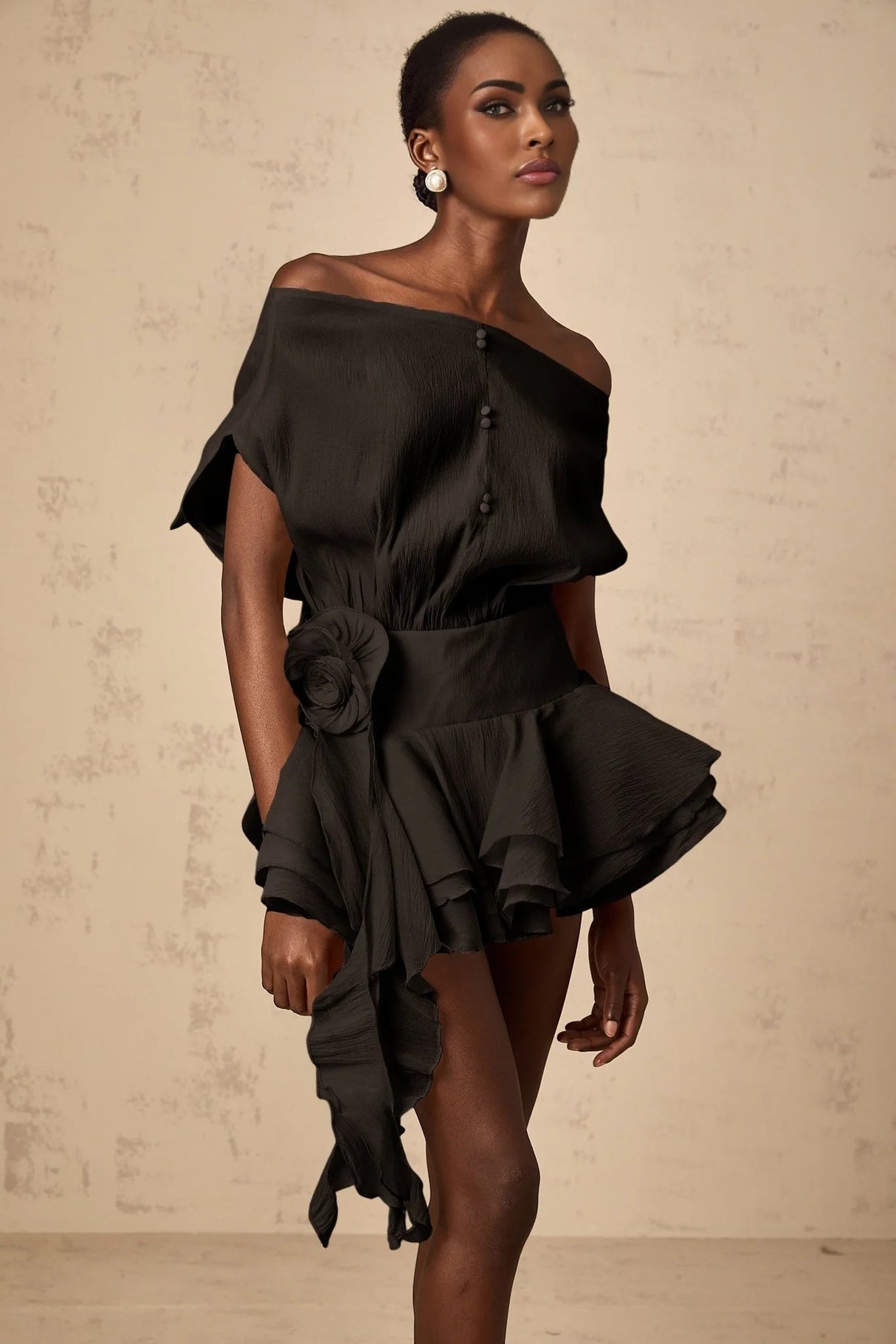 Gianna Mini Dress Black Floral Appliqu Flounce Hem & Cinched Waist