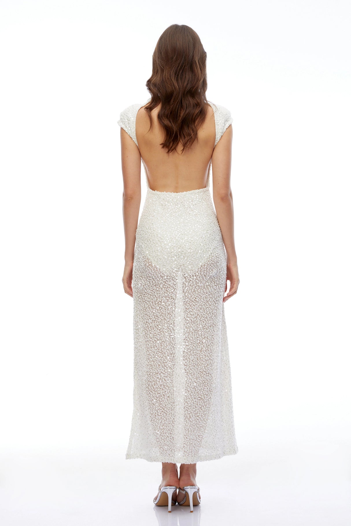Gianna White SemiSheer Embellished Maxi Dress with Cap Sleeves