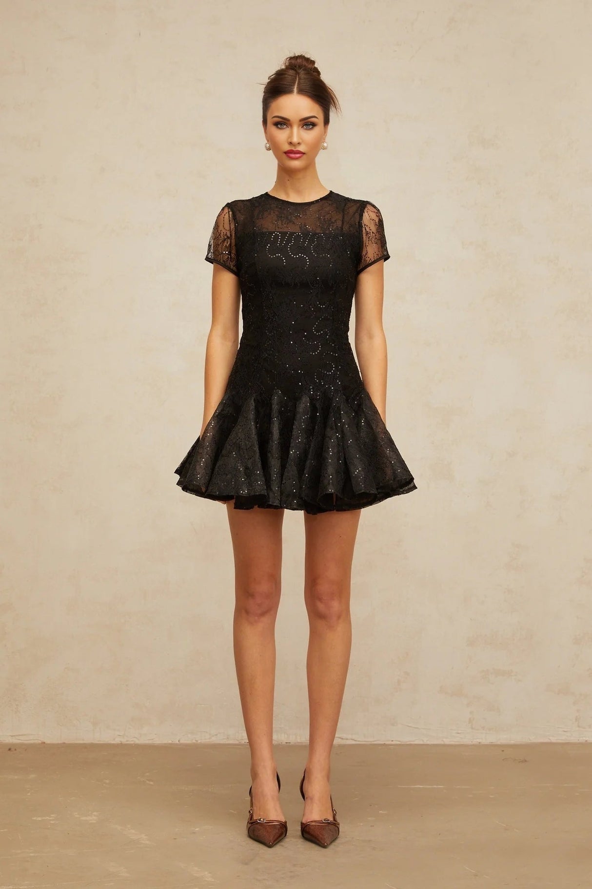 Giannina Mini Dress Black Sequin Embellished Cut - Out & Cinched Waist