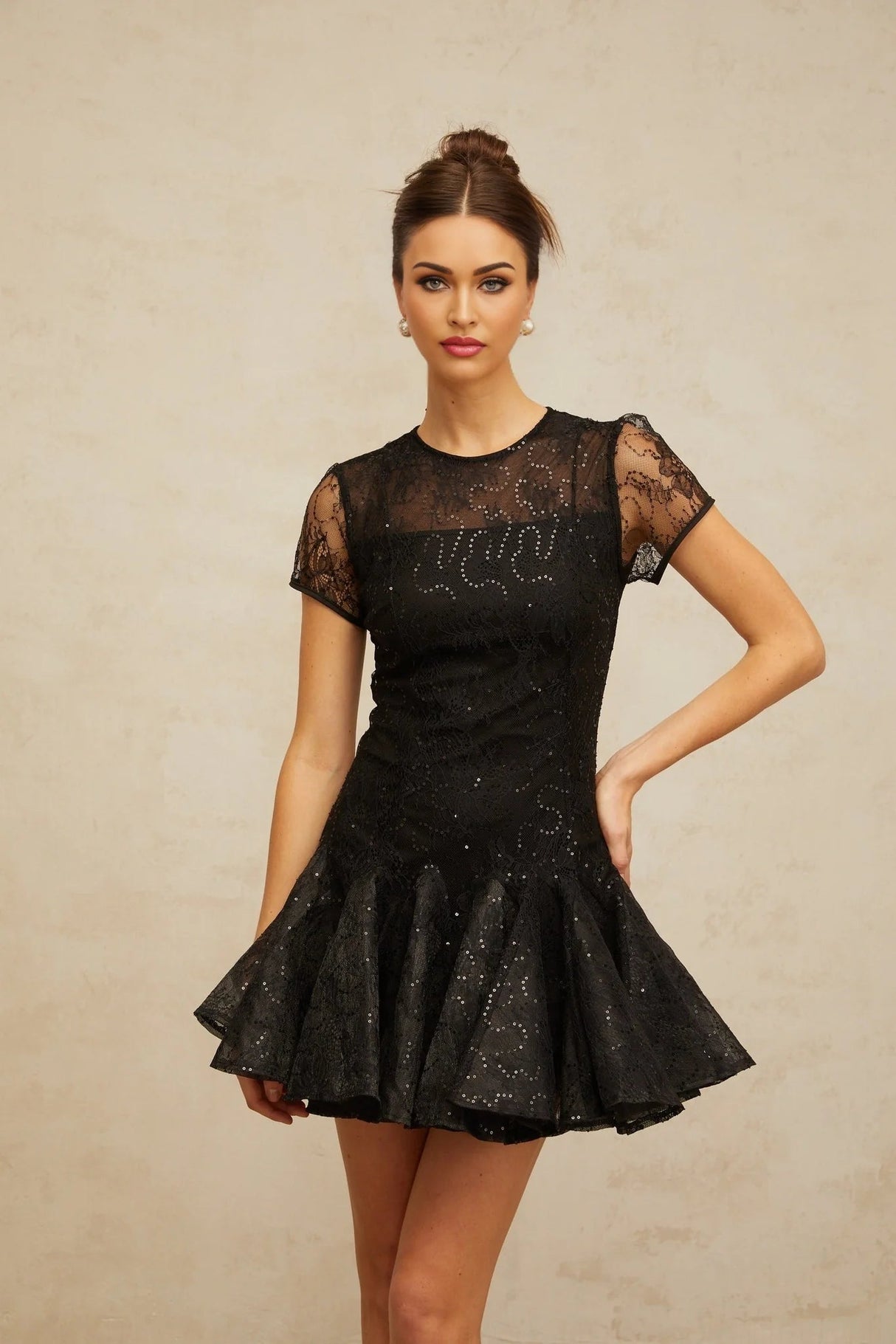 Giannina Mini Dress Black Sequin Embellished Cut - Out & Cinched Waist