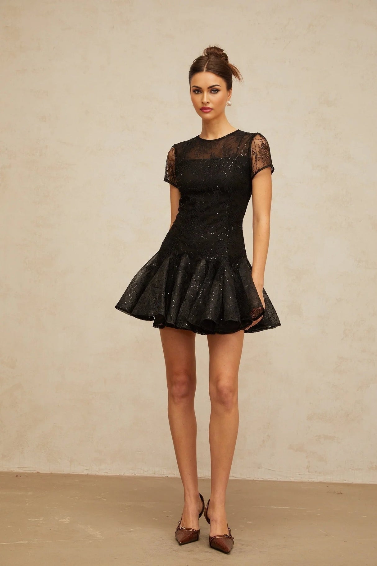 Giannina Mini Dress Black Sequin Embellished Cut - Out & Cinched Waist