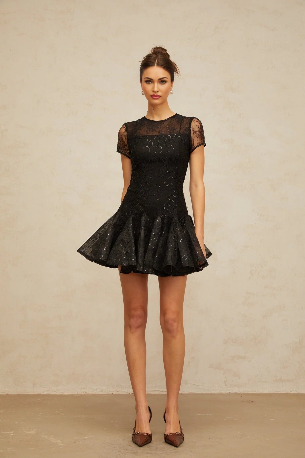 Giannina Mini Dress Black Sequin Embellished Cut - Out & Cinched Waist