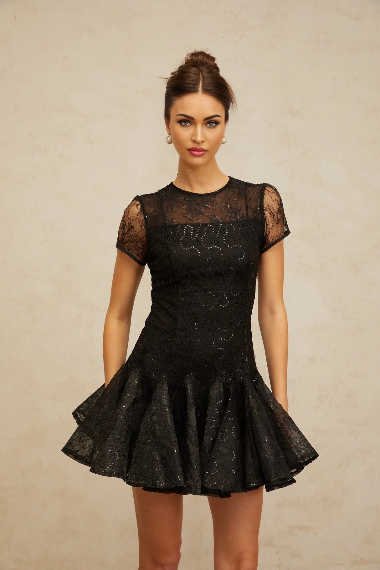 Giannina Mini Dress Black Sequin Embellished Cut - Out & Cinched Waist