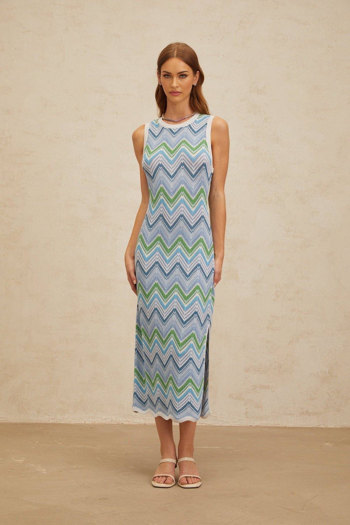 Gilda Midi Dress - Sleeveless - Fitted Silhouette - Chevron Knit - Side Slit - Slip - On Style