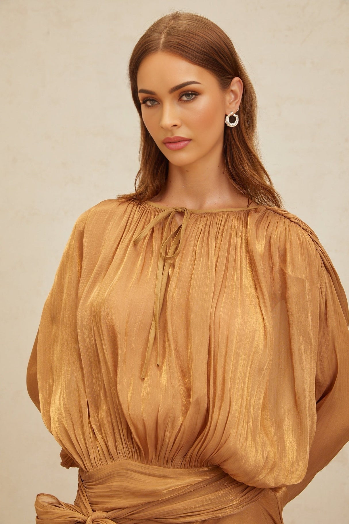 Gilda Mini Dress - Long Buttoned - Cuff Sleeves - Twist & Draped Design - Ruffled Hem - Glitter Detailing