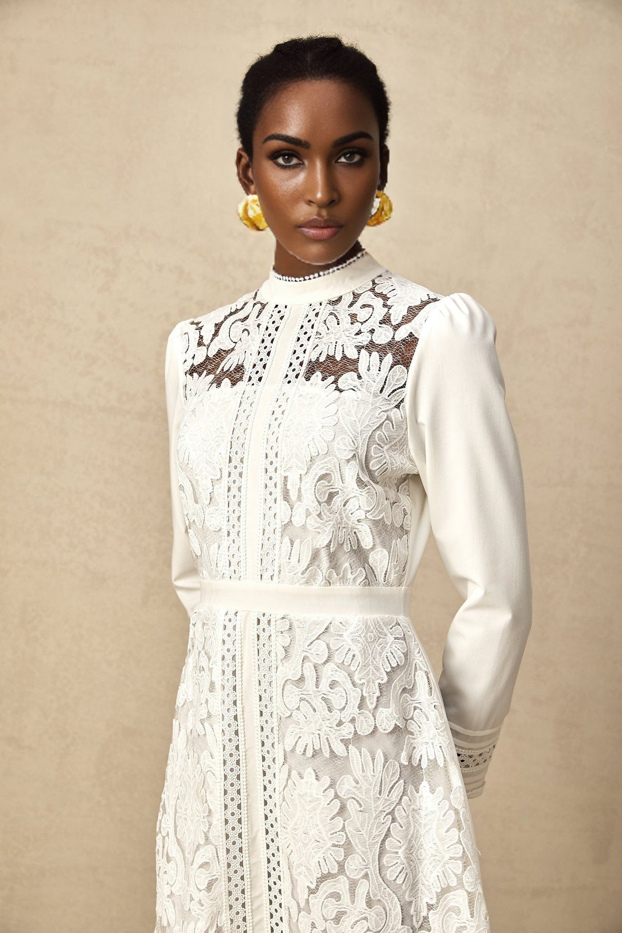 Ginetta Midi Dress - Mock Neck - Long Sleeves - Panelled Design - Cut - Out Detailing - Floral Embroidery