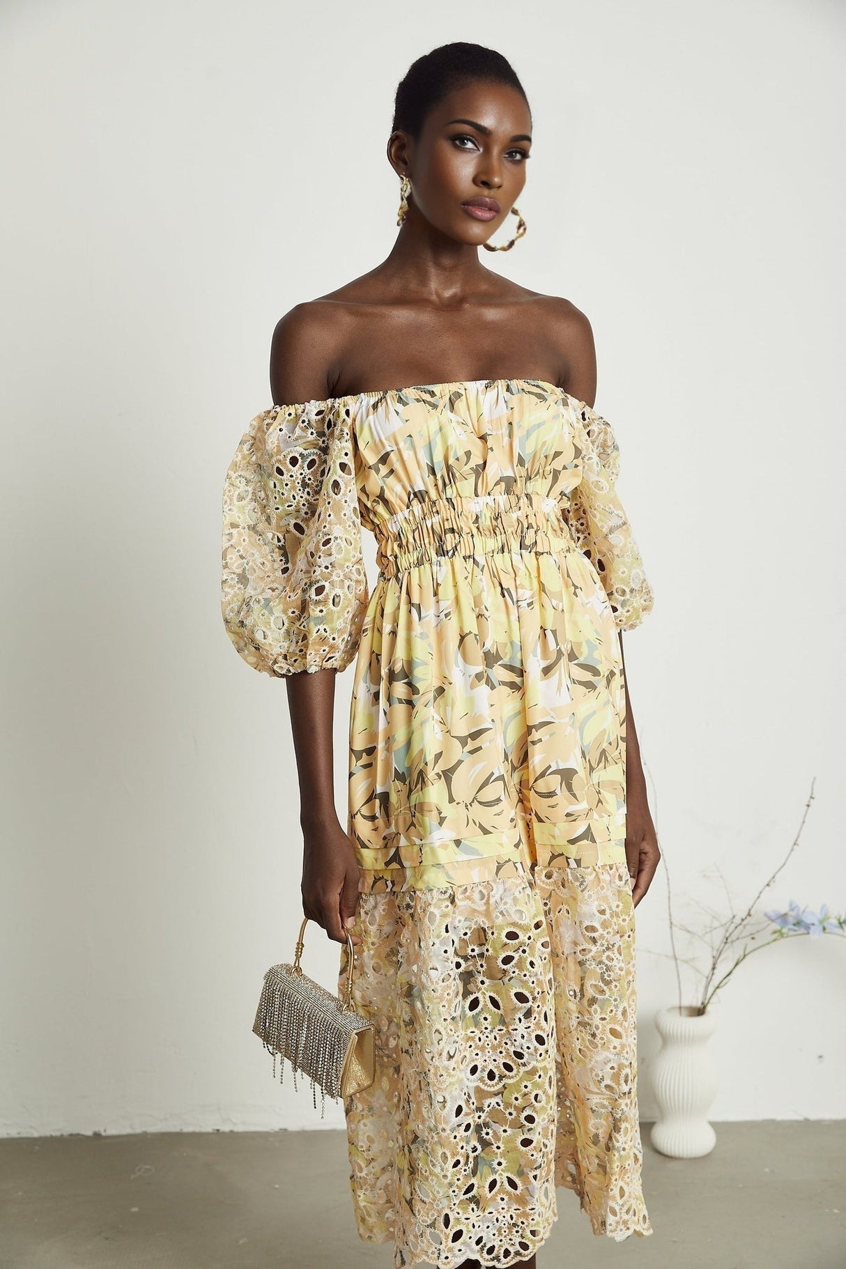 Ginetta Midi Dress - Off the Shoulder - Floral Print - Cut - Out Design - Layered Flounce Hem - A - Line Skirt