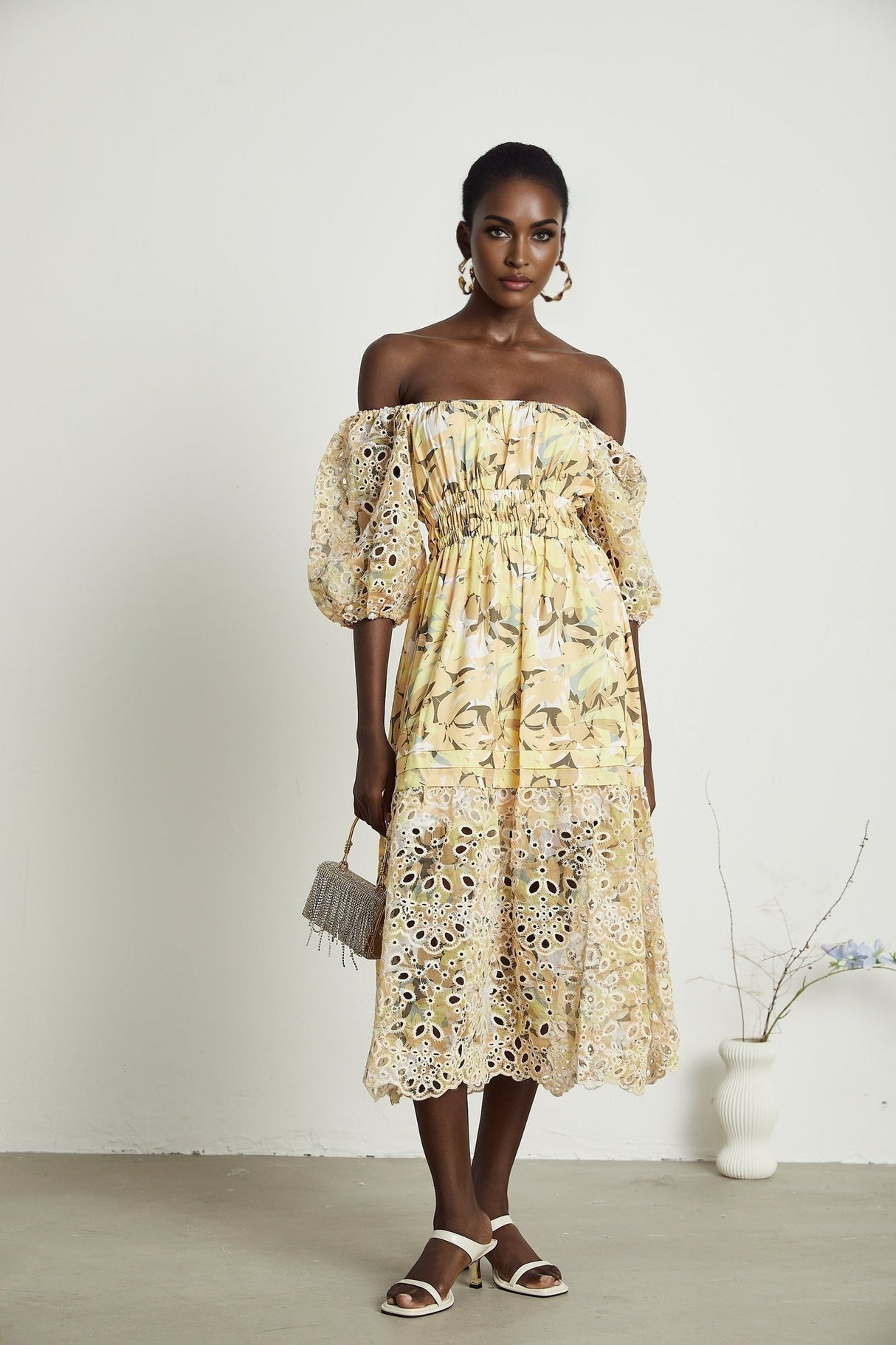 Ginetta Midi Dress - Off the Shoulder - Floral Print - Cut - Out Design - Layered Flounce Hem - A - Line Skirt