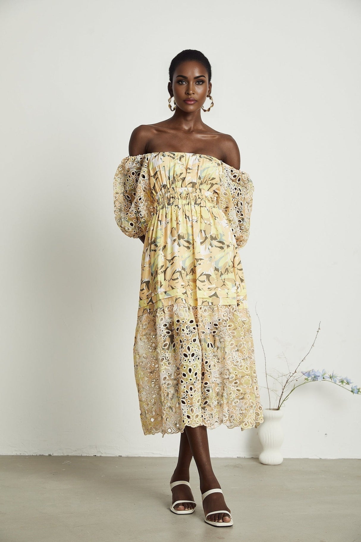 Ginetta Midi Dress - Off the Shoulder - Floral Print - Cut - Out Design - Layered Flounce Hem - A - Line Skirt