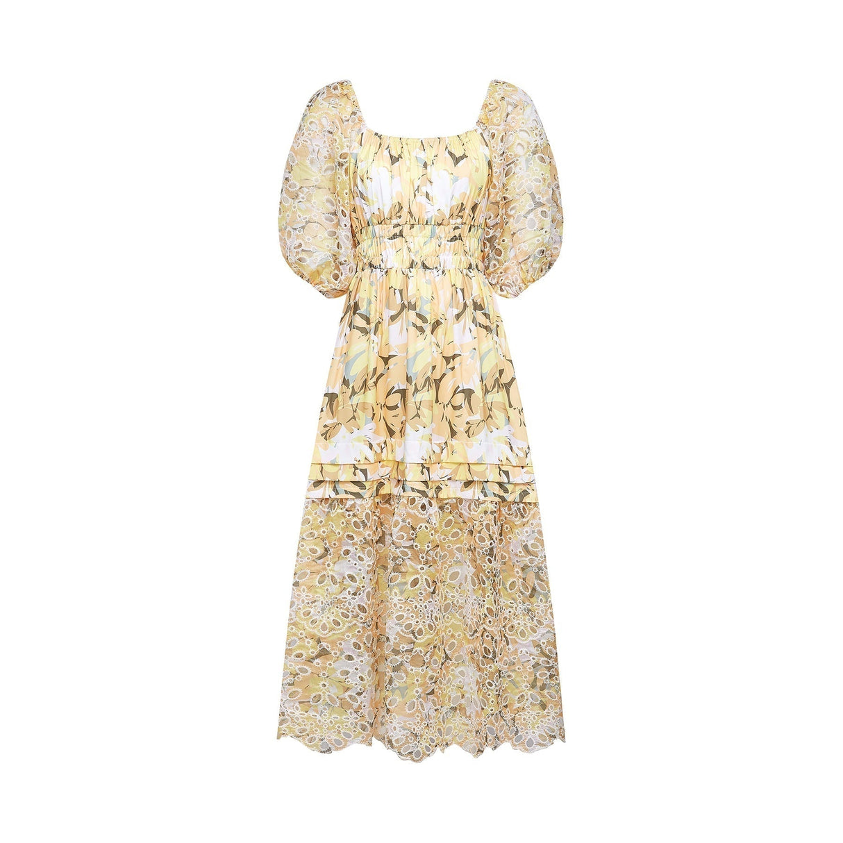 Ginetta Midi Dress - Off the Shoulder - Floral Print - Cut - Out Design - Layered Flounce Hem - A - Line Skirt