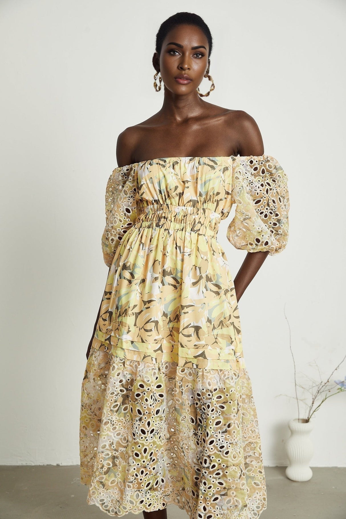 Ginetta Midi Dress - Off the Shoulder - Floral Print - Cut - Out Design - Layered Flounce Hem - A - Line Skirt