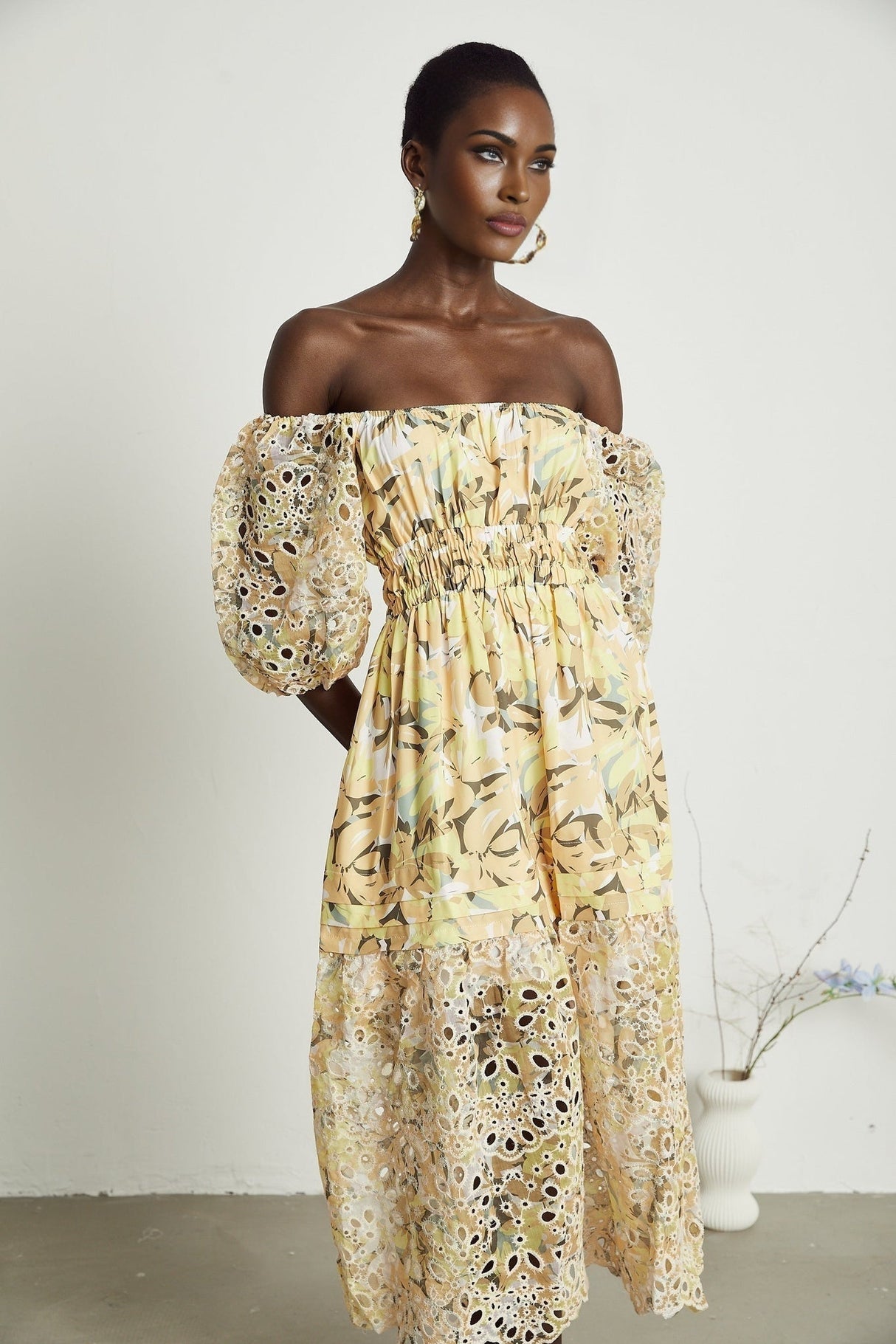 Ginetta Midi Dress - Off the Shoulder - Floral Print - Cut - Out Design - Layered Flounce Hem - A - Line Skirt