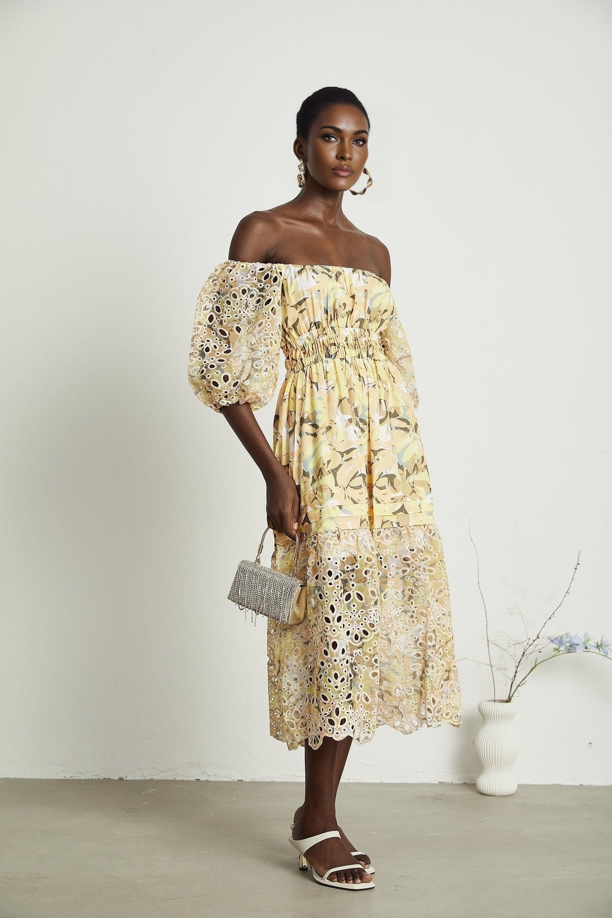 Ginetta Midi Dress - Off the Shoulder - Floral Print - Cut - Out Design - Layered Flounce Hem - A - Line Skirt