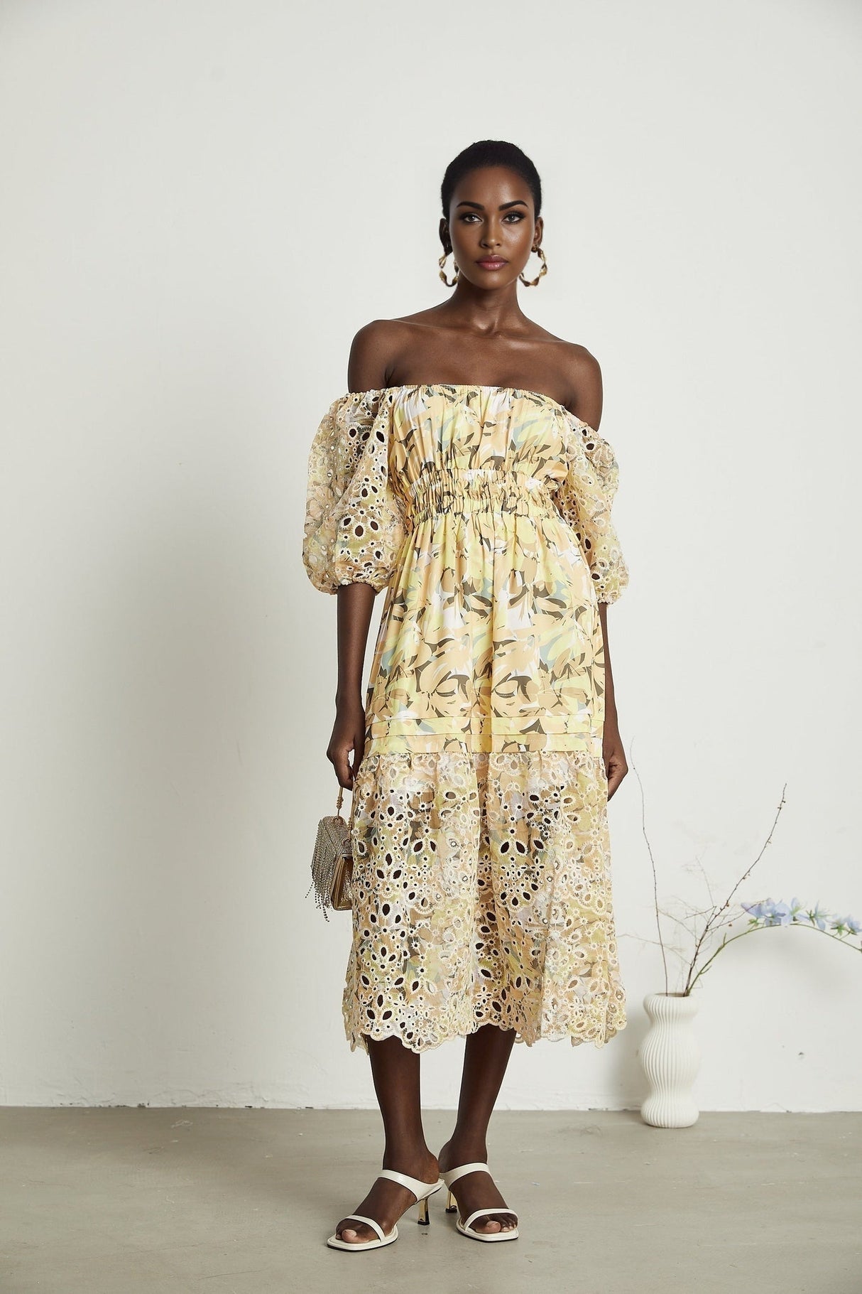 Ginetta Midi Dress - Off the Shoulder - Floral Print - Cut - Out Design - Layered Flounce Hem - A - Line Skirt