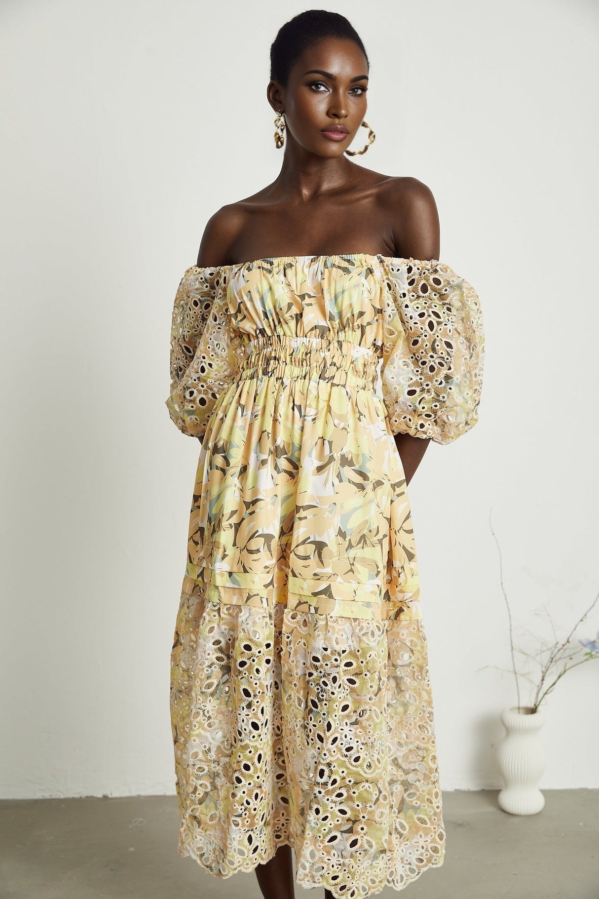 Ginetta Midi Dress - Off the Shoulder - Floral Print - Cut - Out Design - Layered Flounce Hem - A - Line Skirt
