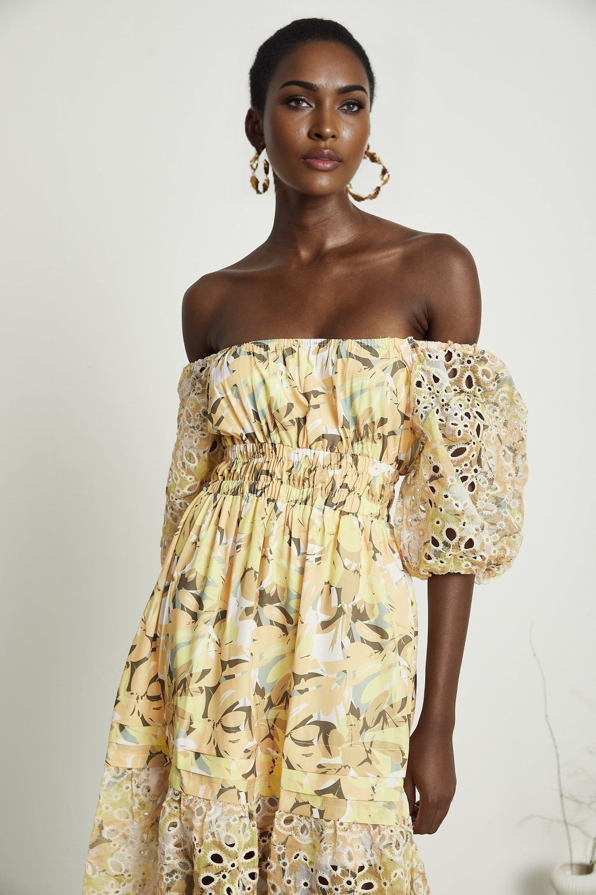 Ginetta Midi Dress - Off the Shoulder - Floral Print - Cut - Out Design - Layered Flounce Hem - A - Line Skirt