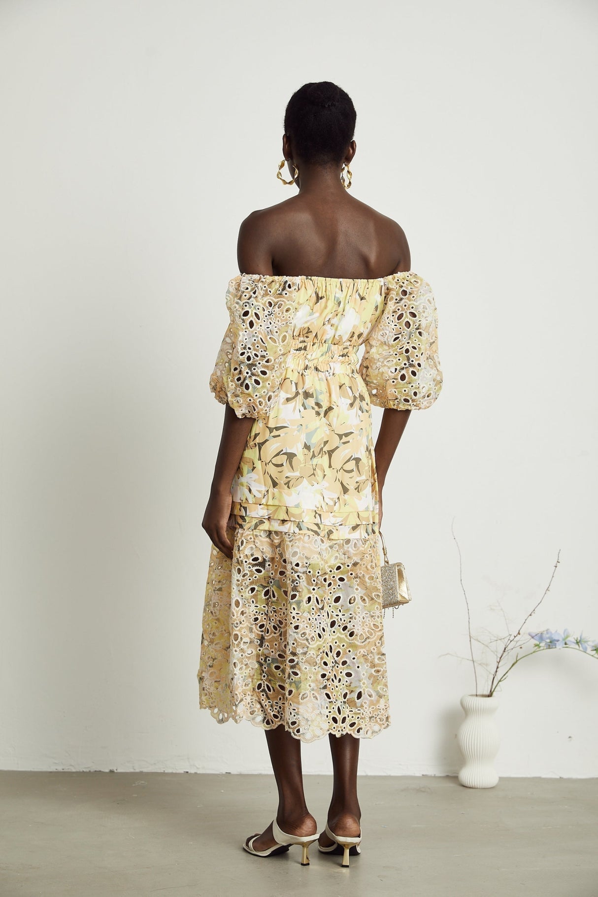 Ginetta Midi Dress - Off the Shoulder - Floral Print - Cut - Out Design - Layered Flounce Hem - A - Line Skirt