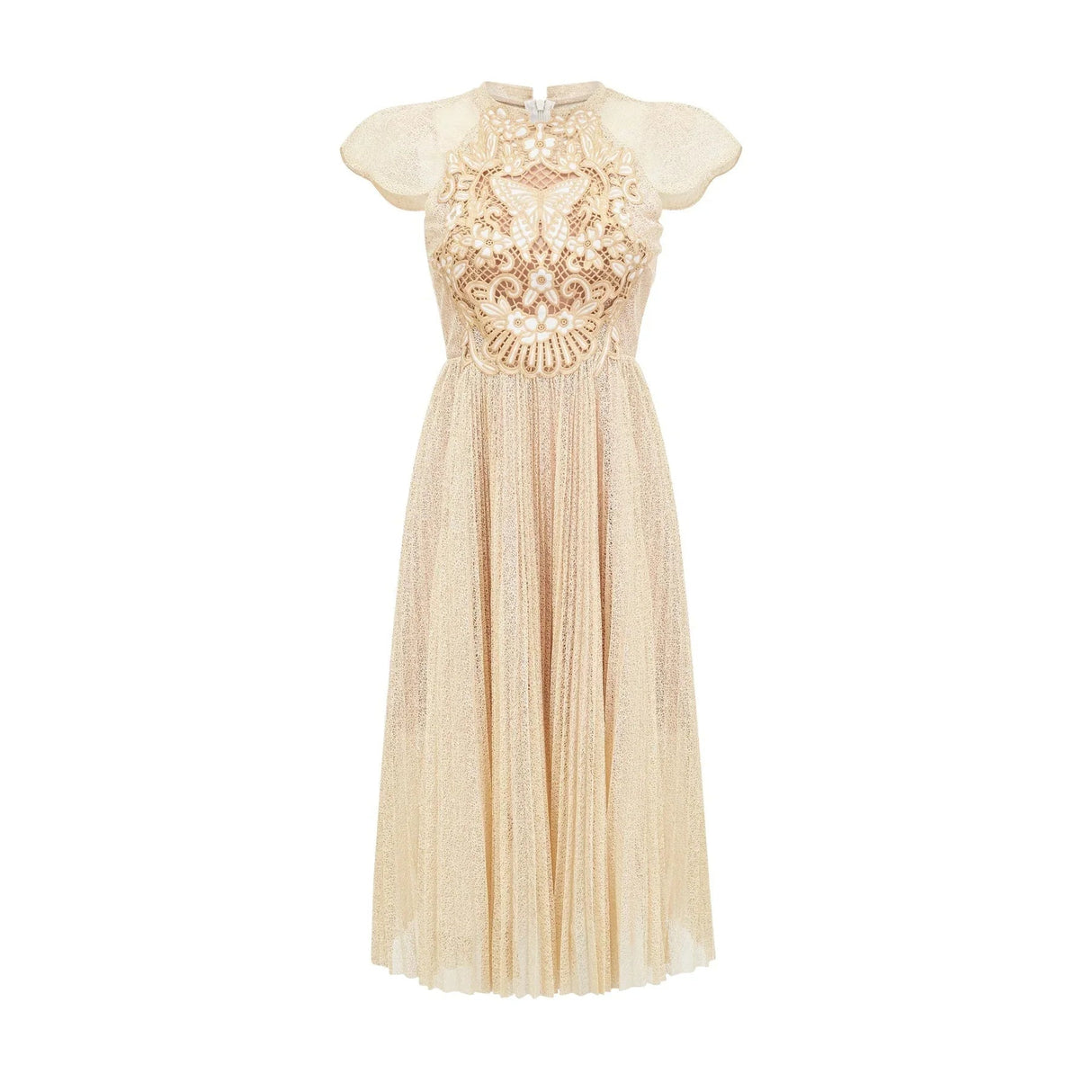 Ginetta Midi Dress - Sleeveless - Pleated Embroidered Design - Butterfly Motif - Cut - out Detail - Rear Zip