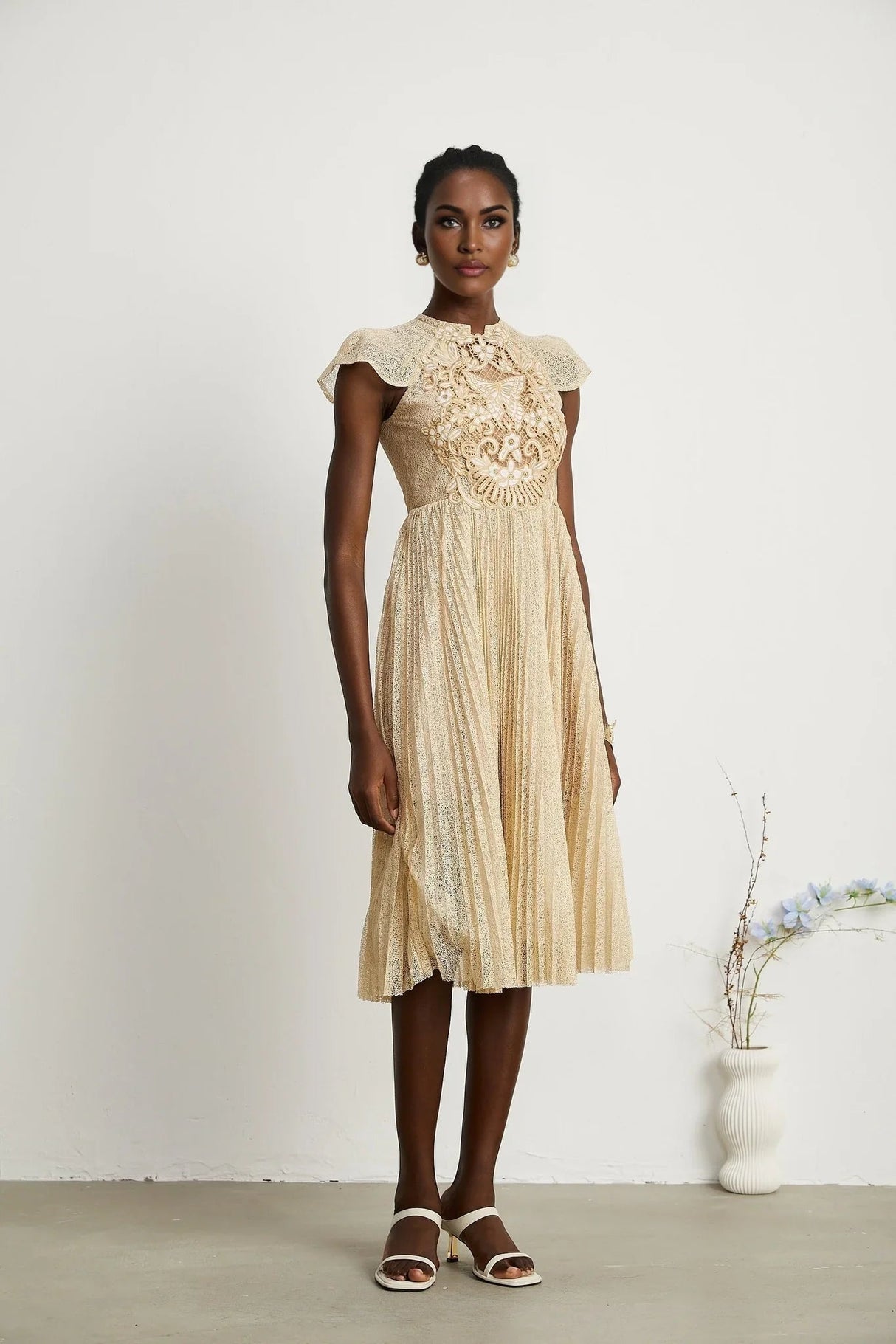 Ginetta Midi Dress - Sleeveless - Pleated Embroidered Design - Butterfly Motif - Cut - out Detail - Rear Zip