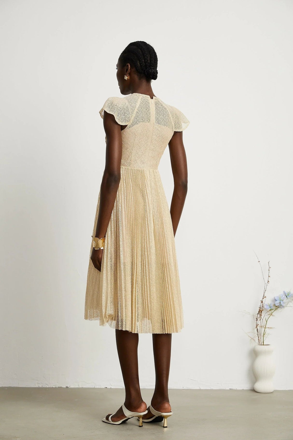 Ginetta Midi Dress - Sleeveless - Pleated Embroidered Design - Butterfly Motif - Cut - out Detail - Rear Zip
