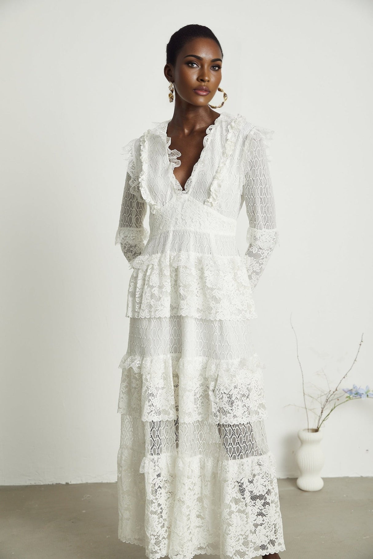 Ginetta Midi Dress - V - Neck Design - Floral Embroidery - Lace Trim - Cut - Out Details