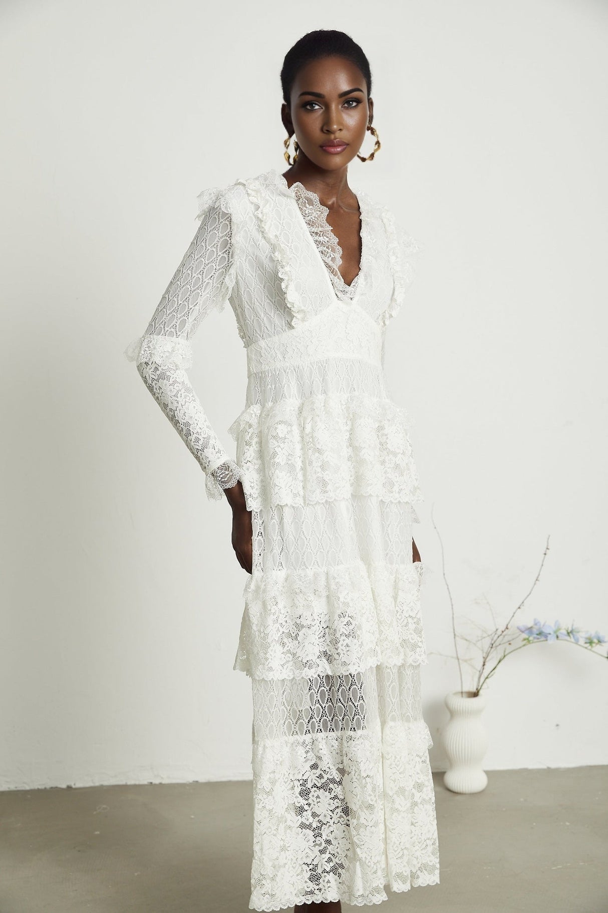 Ginetta Midi Dress - V - Neck Design - Floral Embroidery - Lace Trim - Cut - Out Details