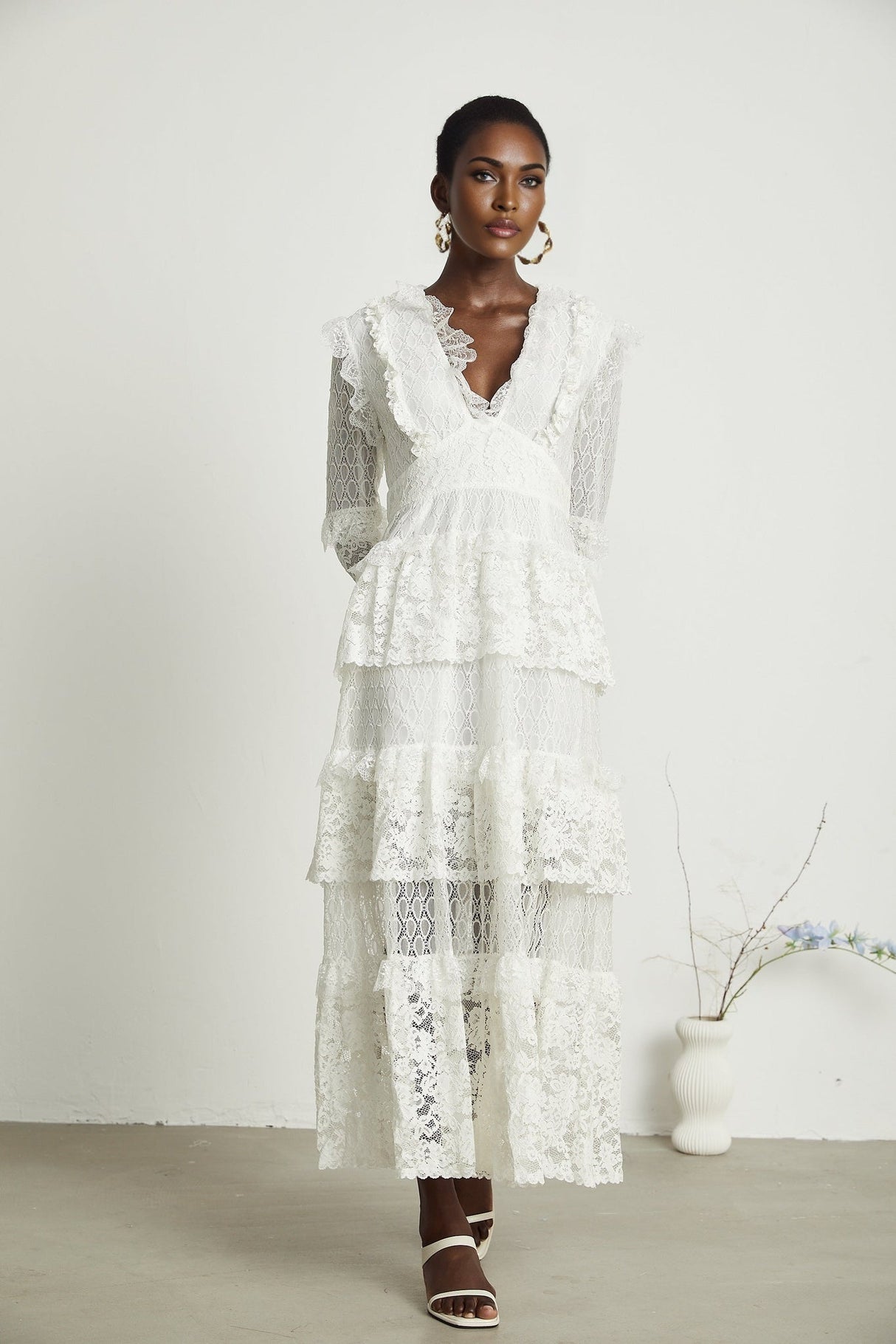 Ginetta Midi Dress - V - Neck Design - Floral Embroidery - Lace Trim - Cut - Out Details