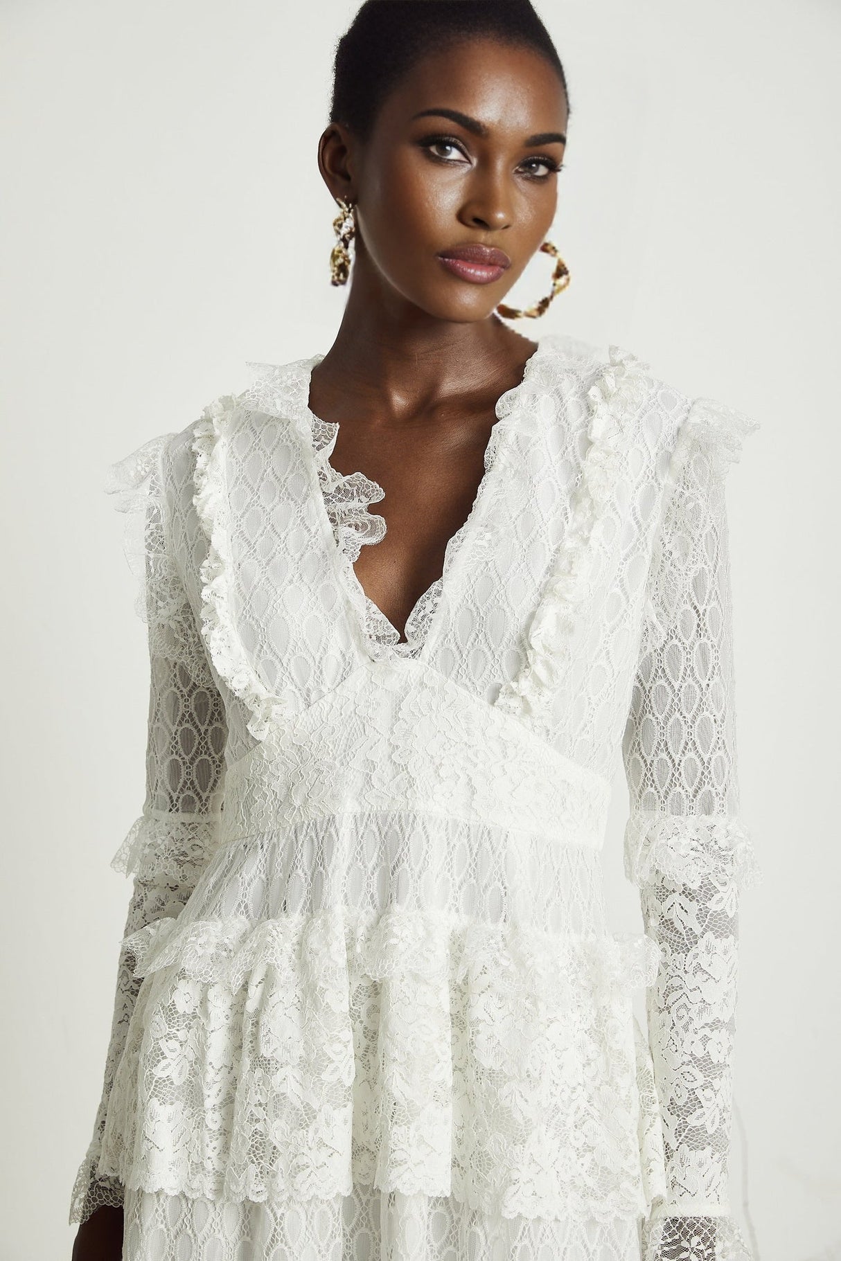 Ginetta Midi Dress - V - Neck Design - Floral Embroidery - Lace Trim - Cut - Out Details