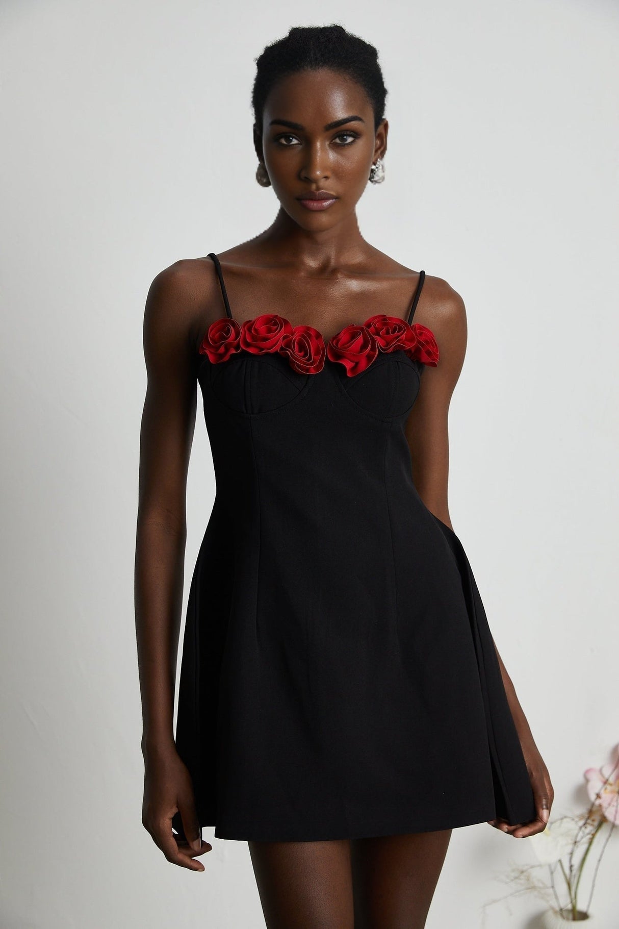 Ginetta Mini Dress - Sleeveless Spaghetti Strap Bustier Style Faux - Flower Embellishment Zip Fastening