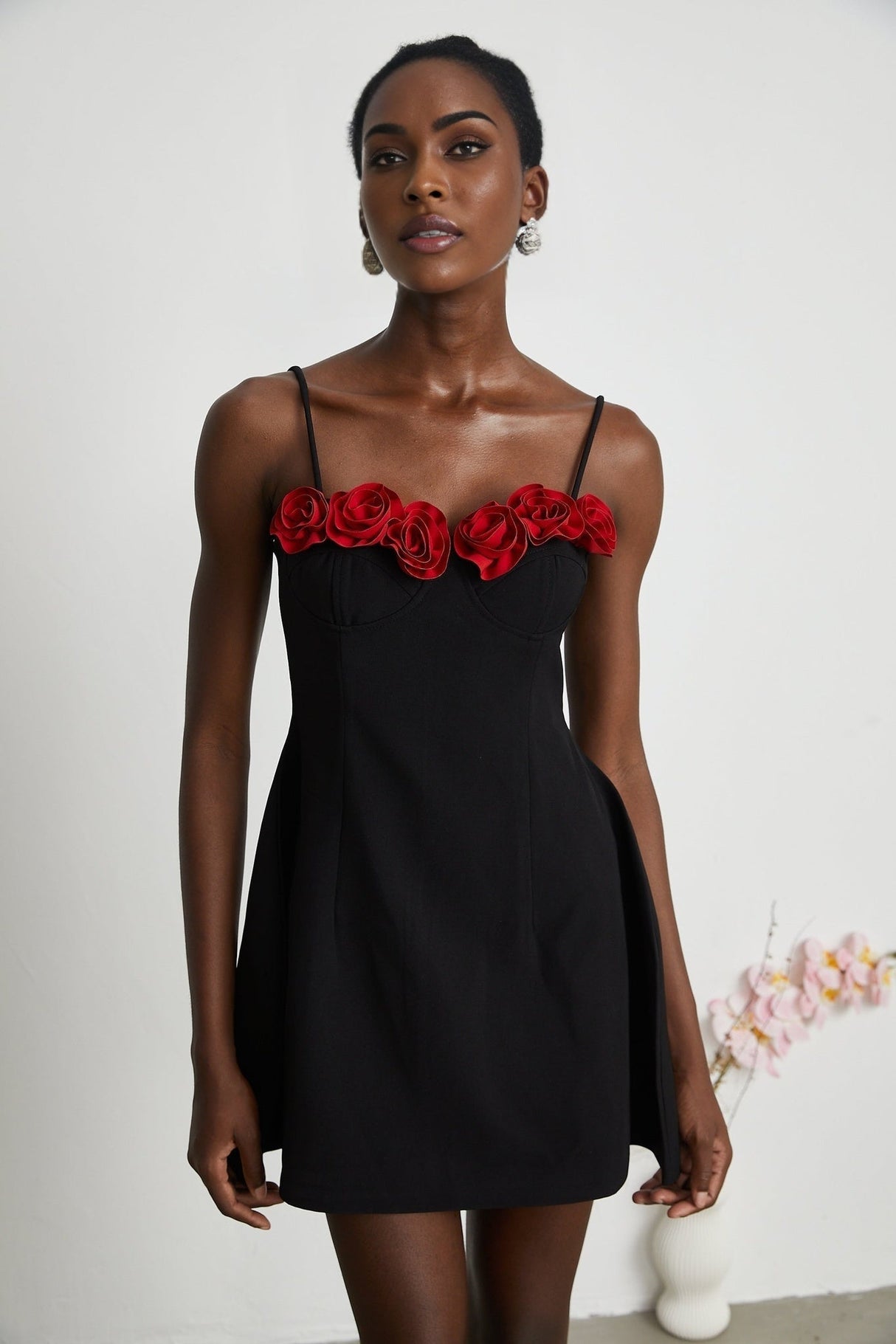 Ginetta Mini Dress - Sleeveless Spaghetti Strap Bustier Style Faux - Flower Embellishment Zip Fastening