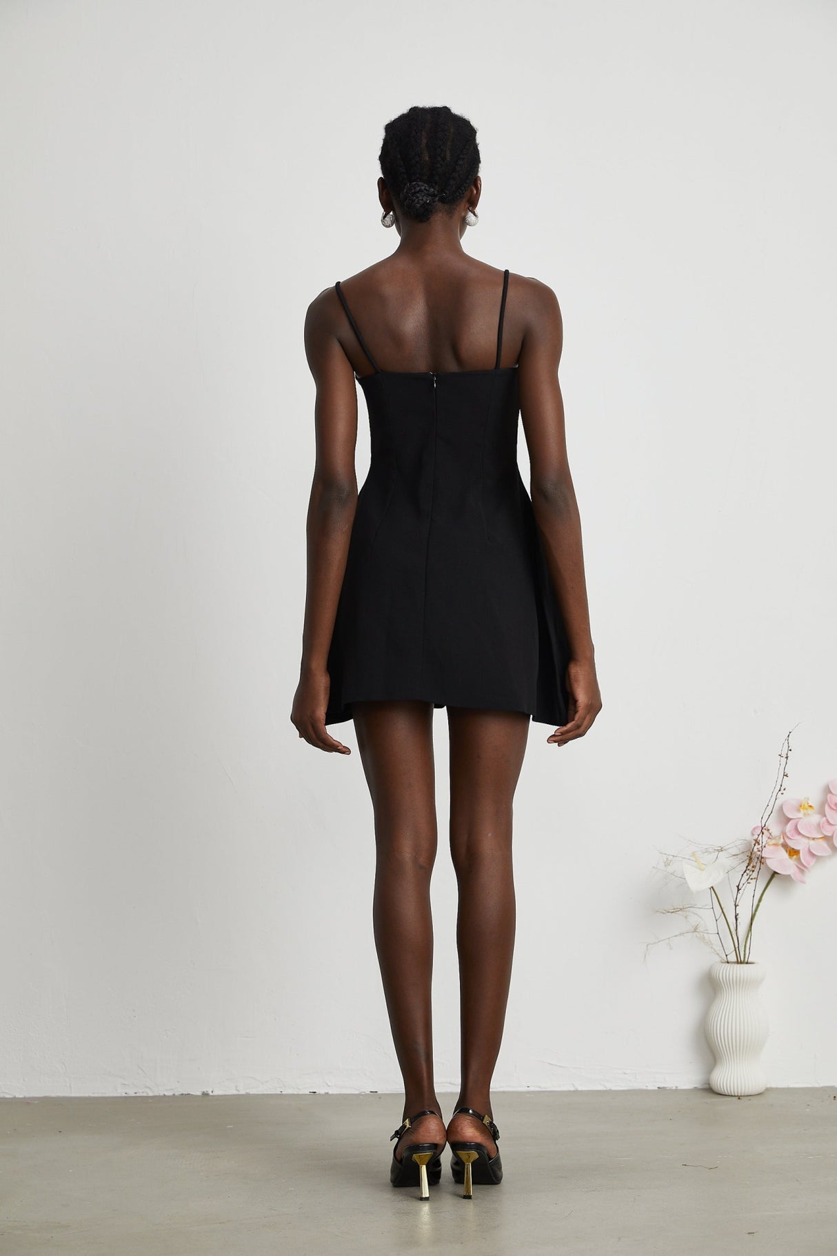 Ginetta Mini Dress - Sleeveless Spaghetti Strap Bustier Style Faux - Flower Embellishment Zip Fastening