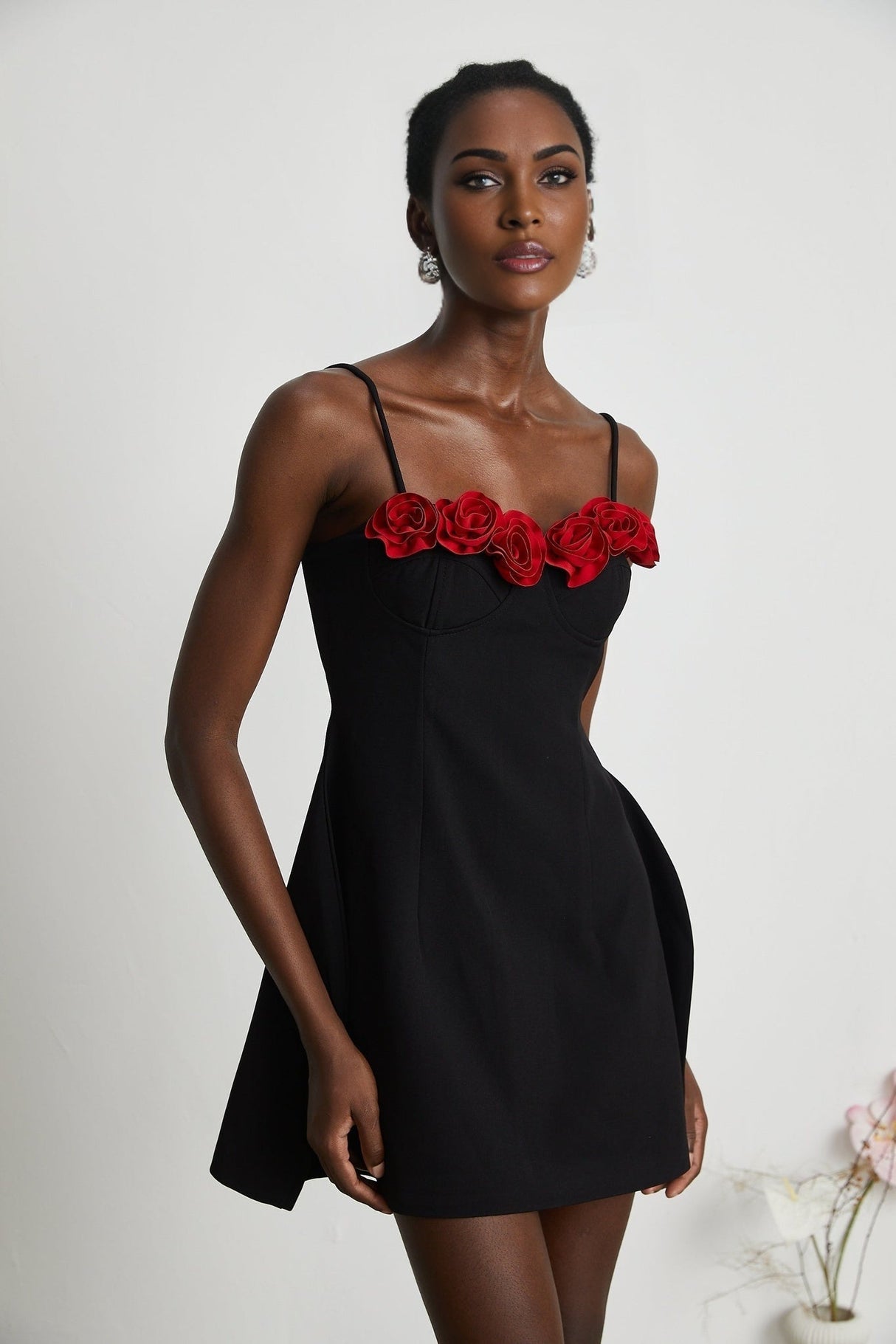 Ginetta Mini Dress - Sleeveless Spaghetti Strap Bustier Style Faux - Flower Embellishment Zip Fastening