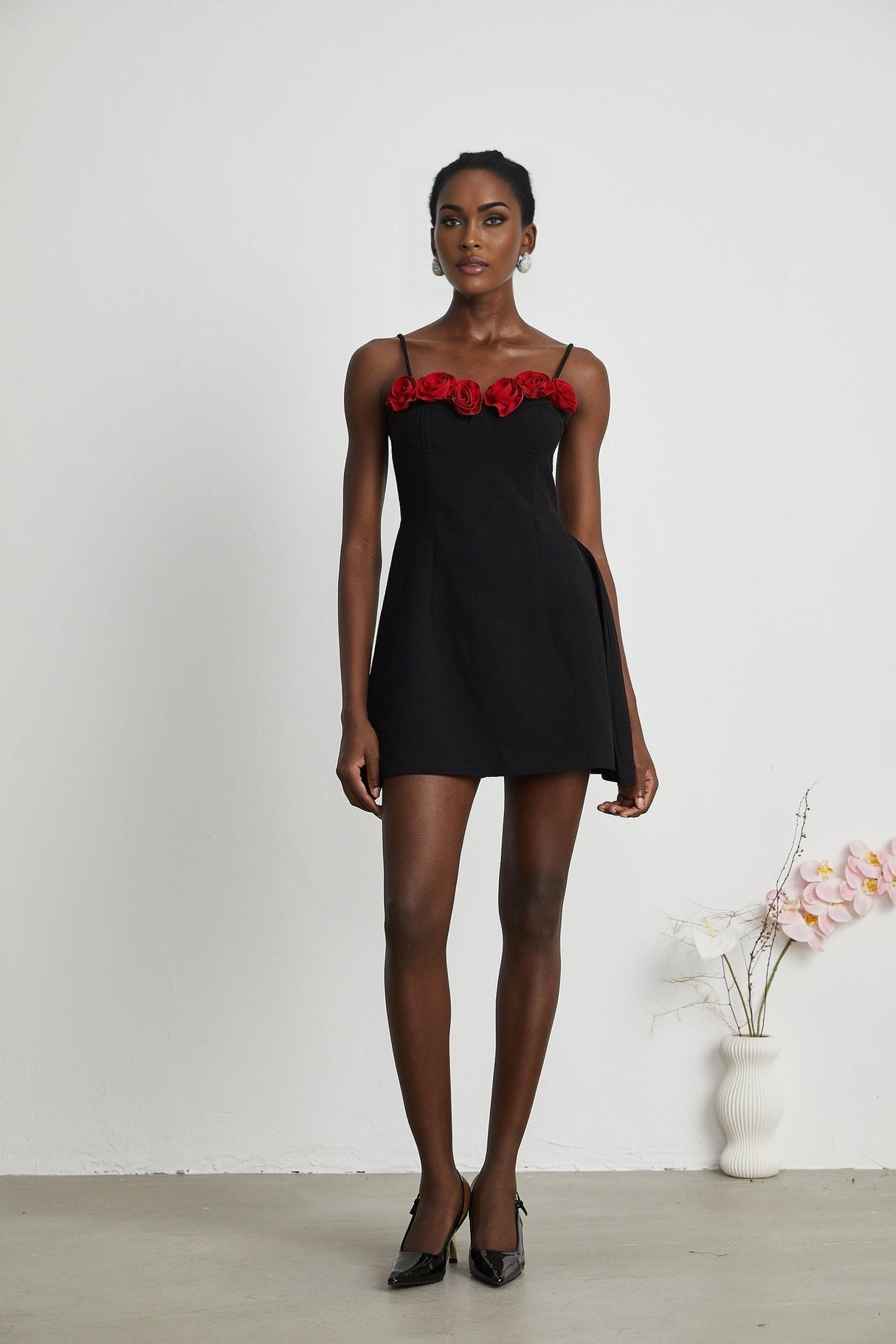Ginetta Mini Dress - Sleeveless Spaghetti Strap Bustier Style Faux - Flower Embellishment Zip Fastening
