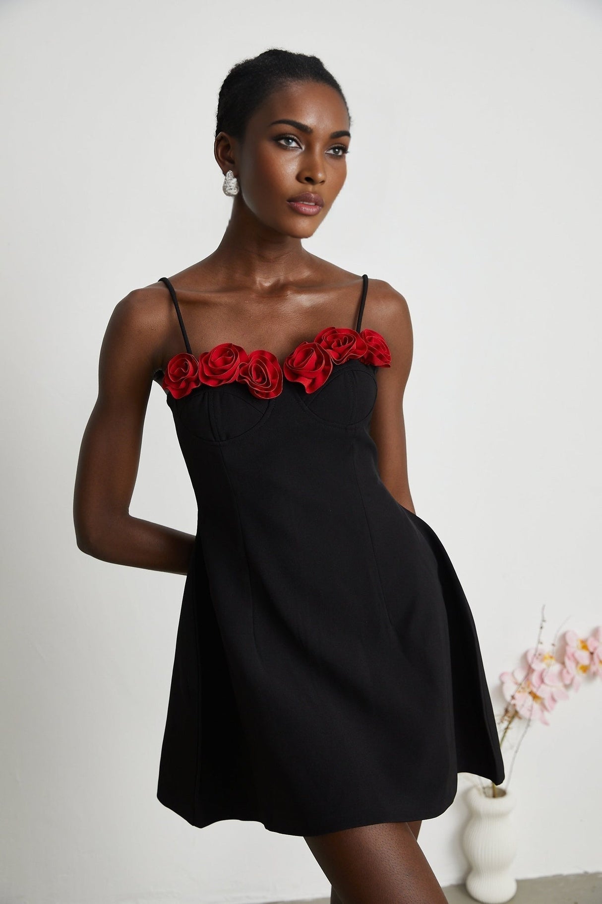 Ginetta Mini Dress - Sleeveless Spaghetti Strap Bustier Style Faux - Flower Embellishment Zip Fastening