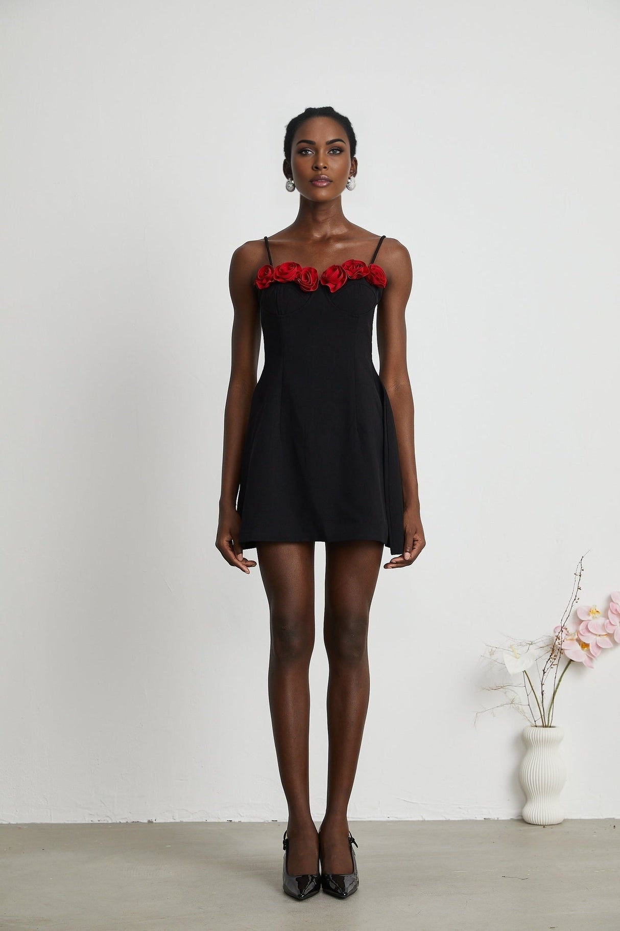Ginetta Mini Dress - Sleeveless Spaghetti Strap Bustier Style Faux - Flower Embellishment Zip Fastening