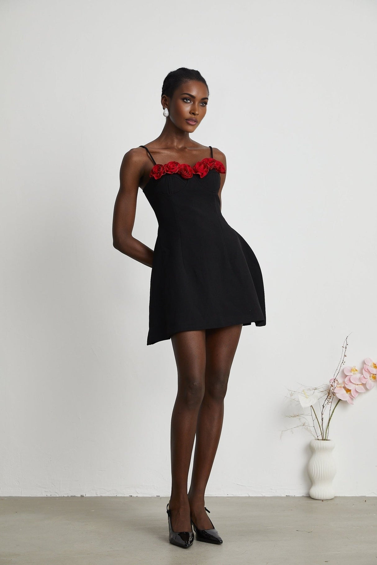 Ginetta Mini Dress - Sleeveless Spaghetti Strap Bustier Style Faux - Flower Embellishment Zip Fastening