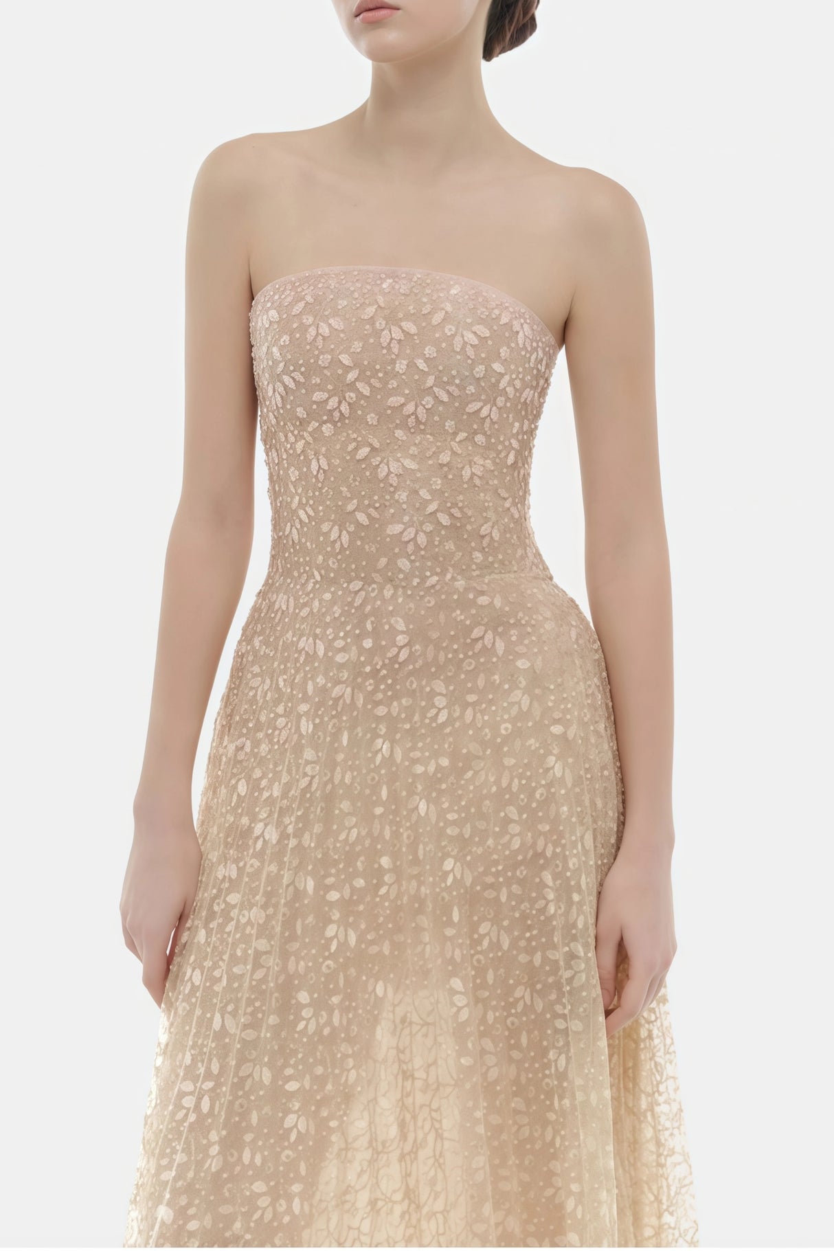 Ginetta Neutral Sequined Floral Lace Maxi Dress