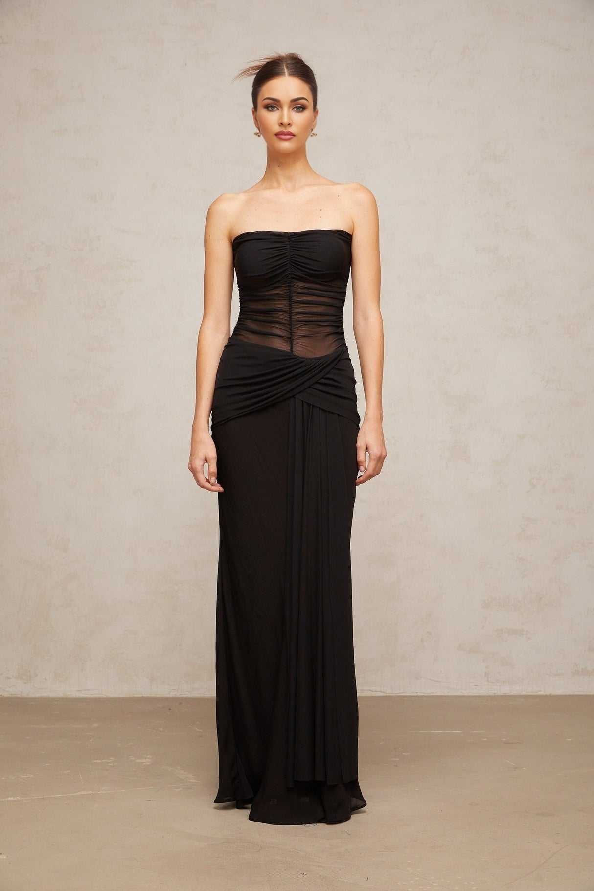 Ginevra Maxi Dress - Strapless Corset Style - Semi - Sheer Detail - Ruched and Pleated Finish