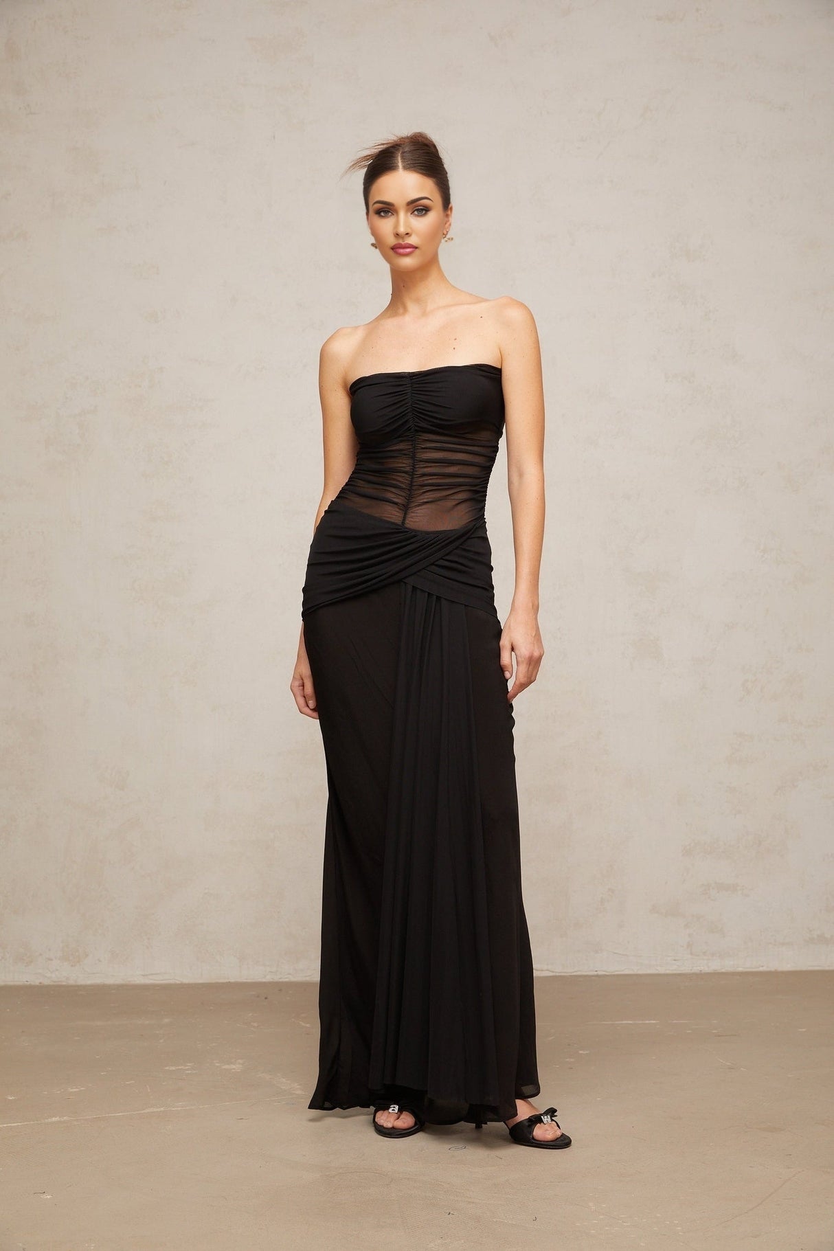Ginevra Maxi Dress - Strapless Corset Style - Semi - Sheer Detail - Ruched and Pleated Finish